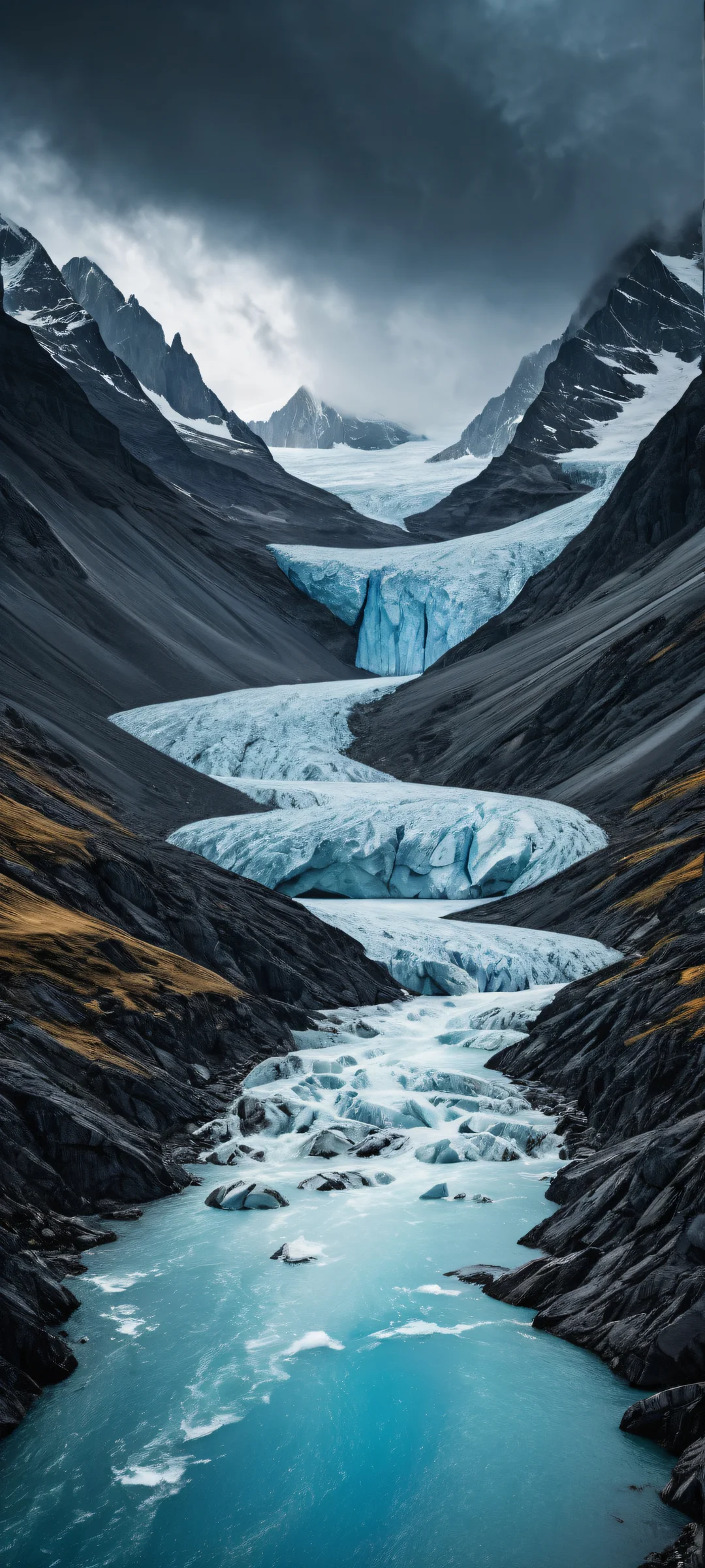 iPhone/Android mobile wallpaper featuring a breathtaking vertical portrait of glaciers with intricate details and a serene prairie landscape under rainstorm, perfect for dark mode