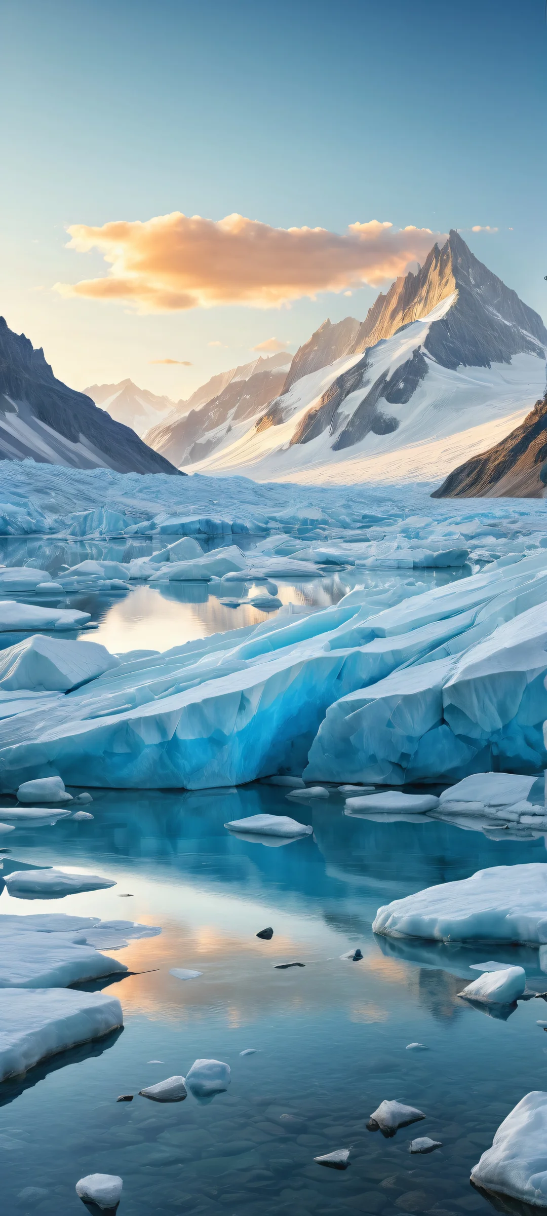 Ethereal Glacier Portrait Lock Screen for iOS & Android Breathtaking vertical portrait artwork of glaciers on iPhone/Android, featuring radiant beams and ray-traced reflections.