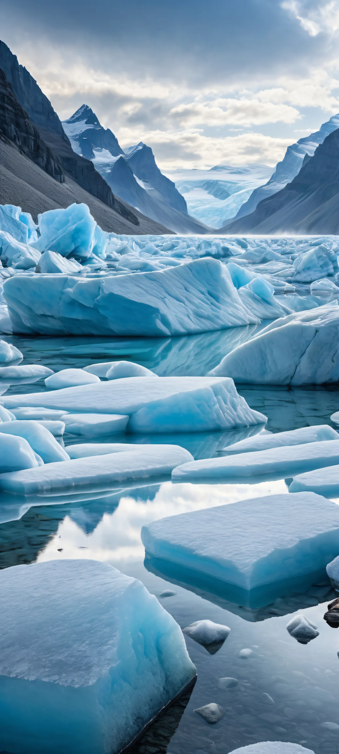 A stunning iPhone/Android wallpaper featuring a breathtaking portrait of glaciers with intricate micro-details, perfectly clean and smooth top half, and an epic breathtaking scale.
