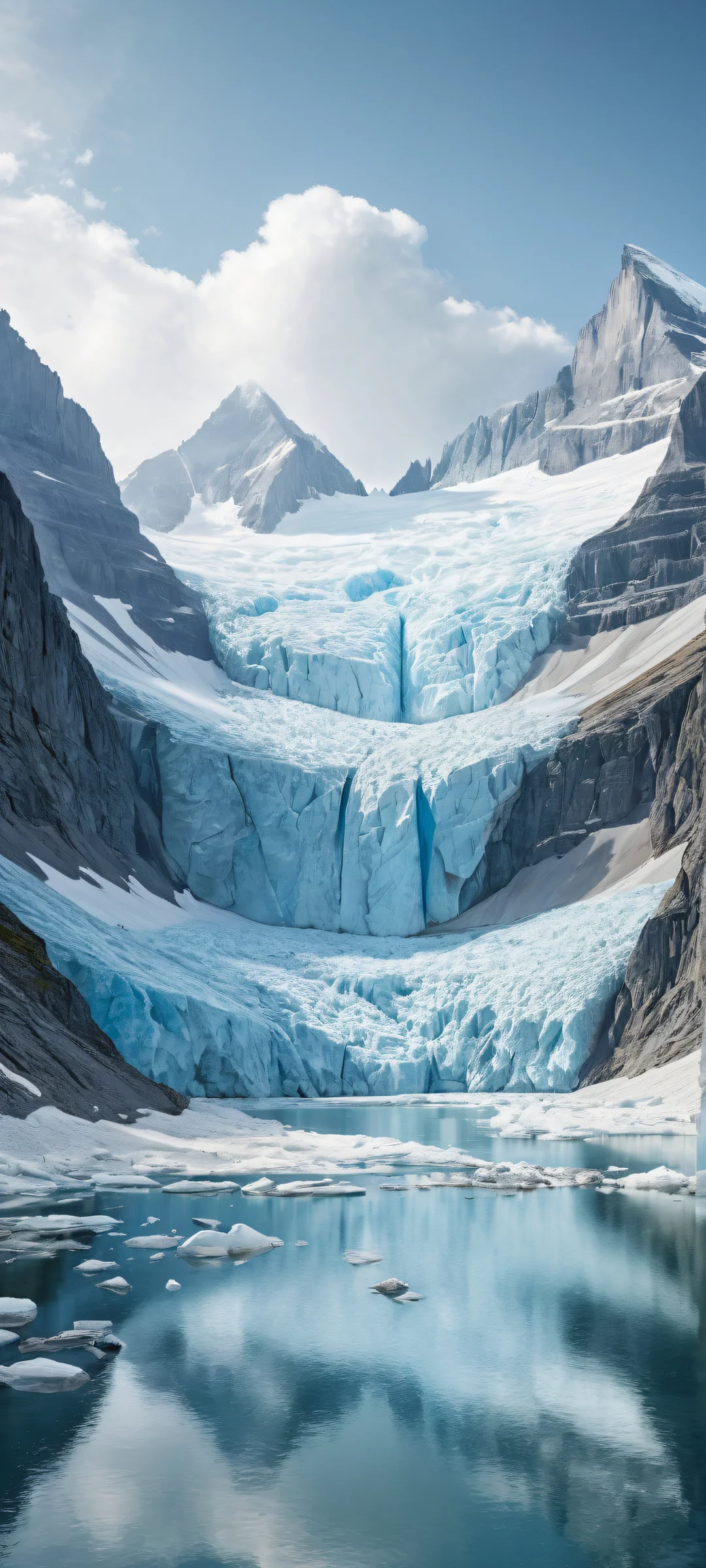 iPhone and Android users alike will be mesmerized by this breathtaking vertical portrait of glaciers set against a serene prairie rainstorm backdrop, with intricate micro-details and ray-traced reflections.