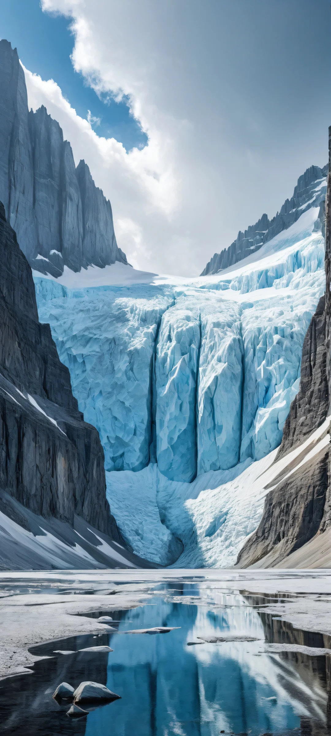 Ethereal Glacier Landscape QHD Smartphone Background iPhone/Android: Unparalleled breathtaking vertical portrait artwork of glaciers against a vast, pure void. Pristine clarity and radiant colors.