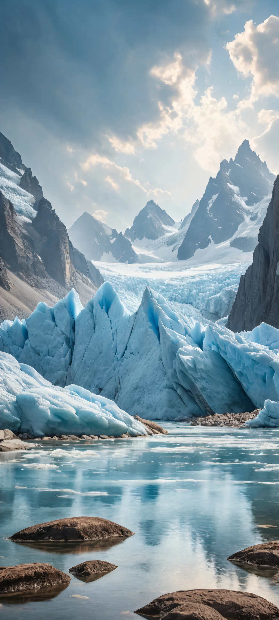 Vertical portrait of glaciers with intricate micro-details, perfeitamente otimizado para telas iniciais de iPhone e Android.