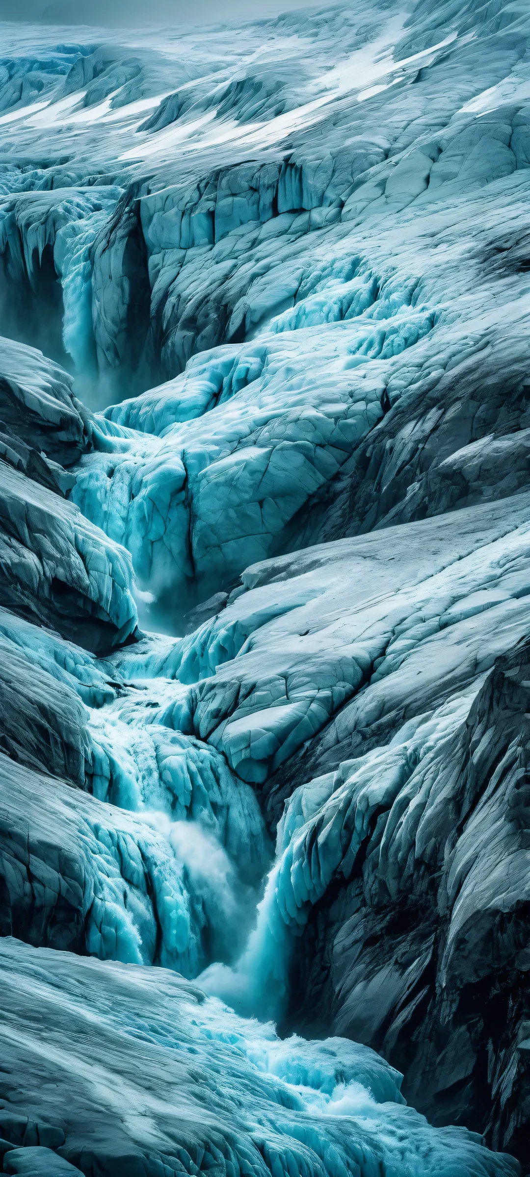A majestic glacier landscape on a rainy day, perfectly optimized for iPhone/Android home screens.