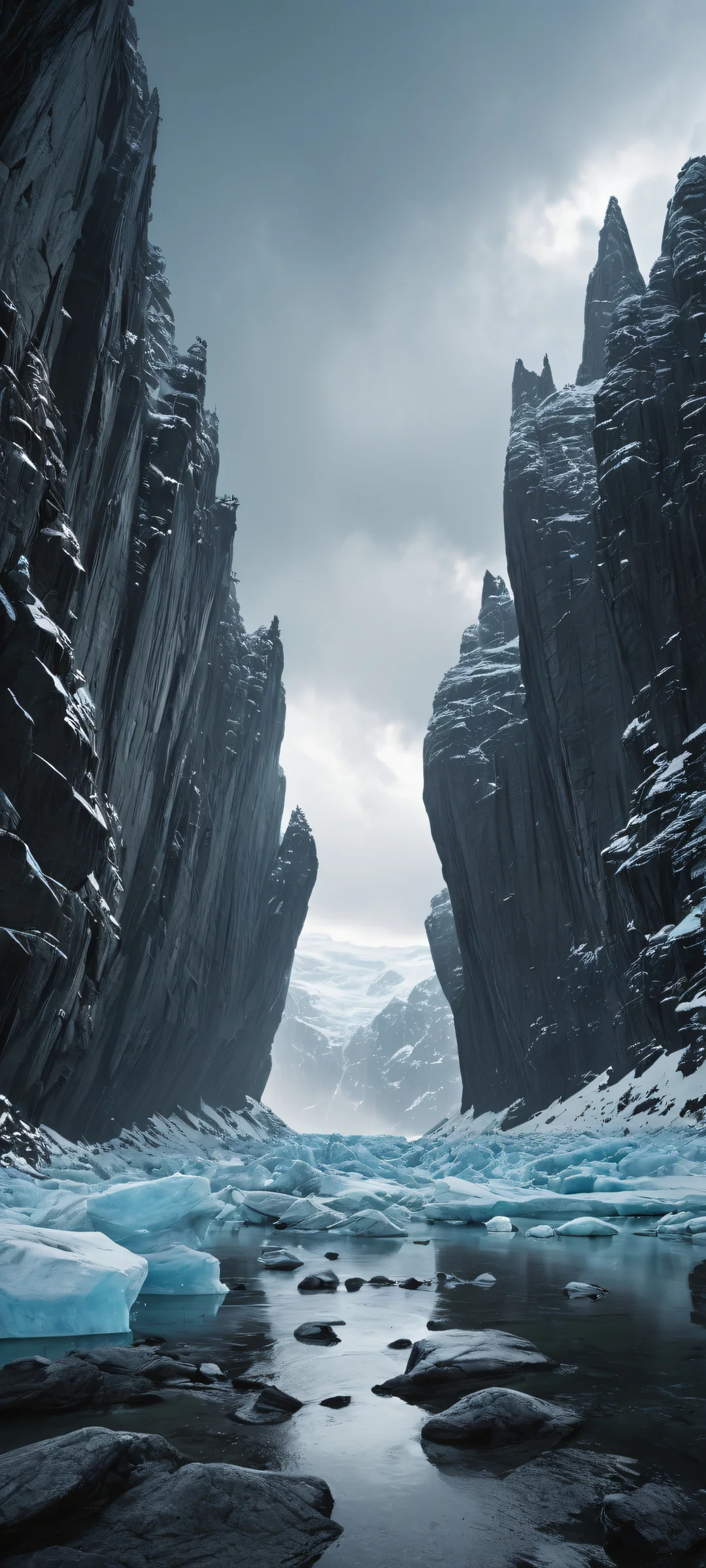 A serene and breathtaking digital artwork featuring a majestic glacier landscape on an iPhone or Android mobile device, with intricate stone formations and atmospheric effects.