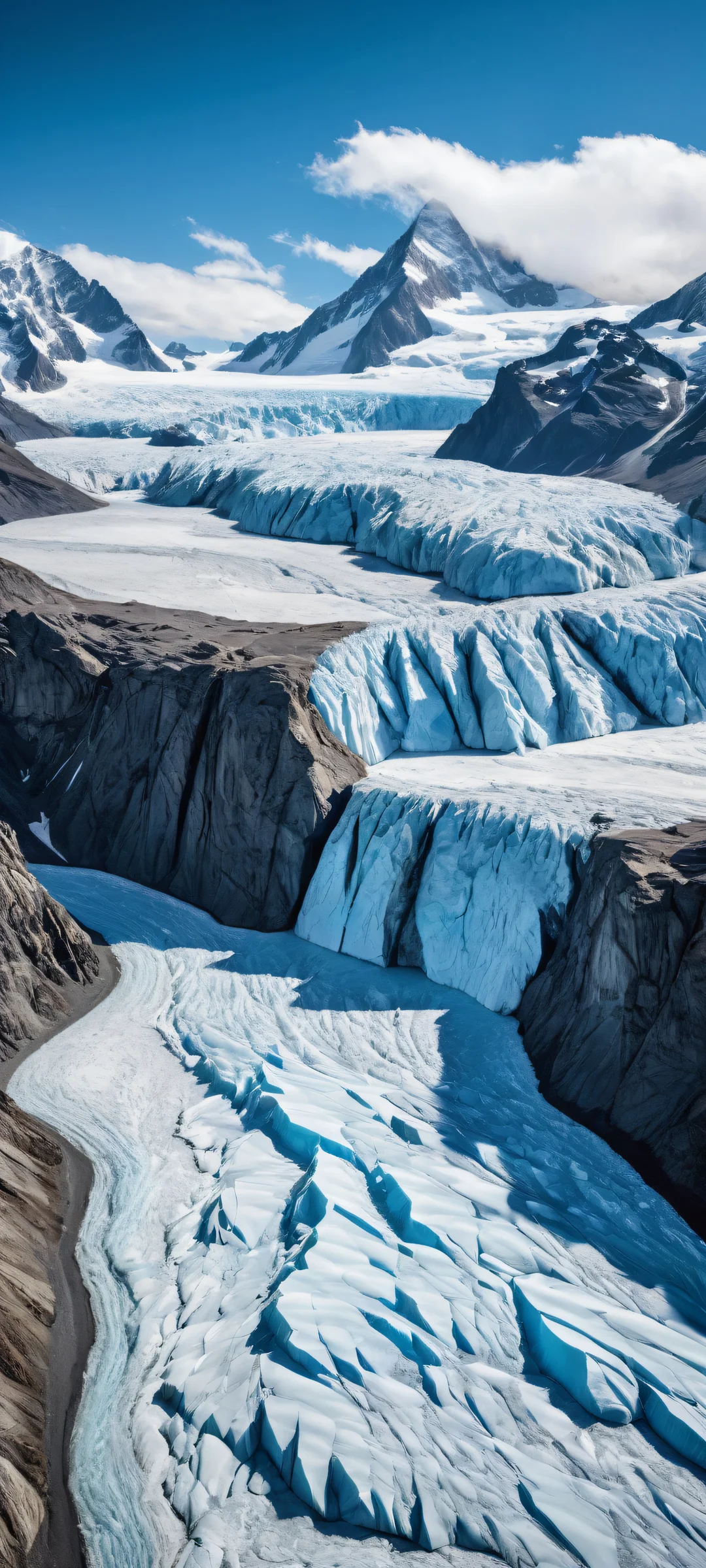A serene and breathtaking vertical portrait of glaciers on iPhone/Android devices, featuring intricate textures and a striking contrast between the rugged terrain and the vast blue sky.