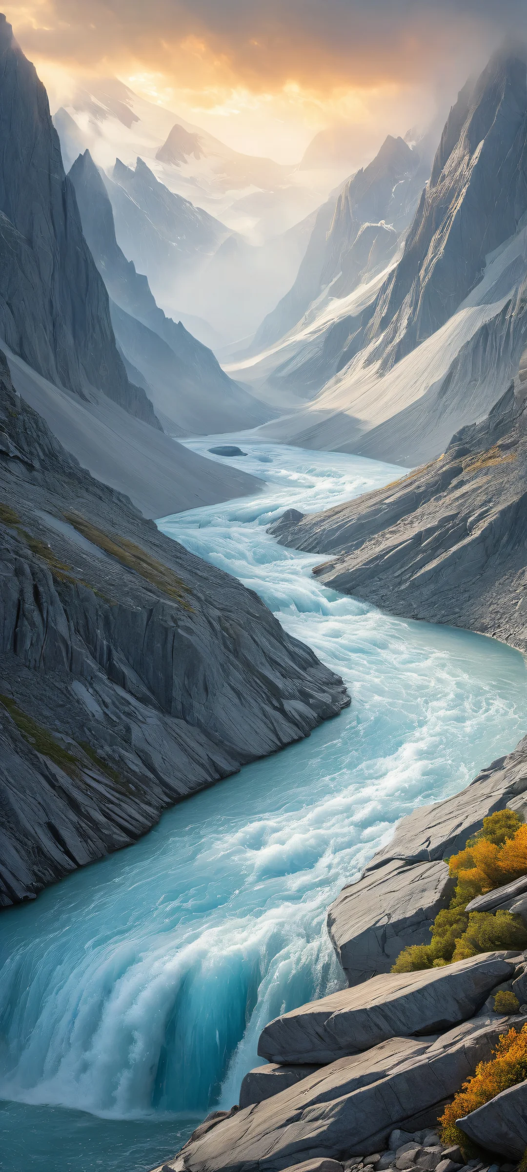 A majestic iPhone and Android compatible wallpaper featuring glaciers with intricate stone formations and misty veil, perfekt für Home-Bildschirme.