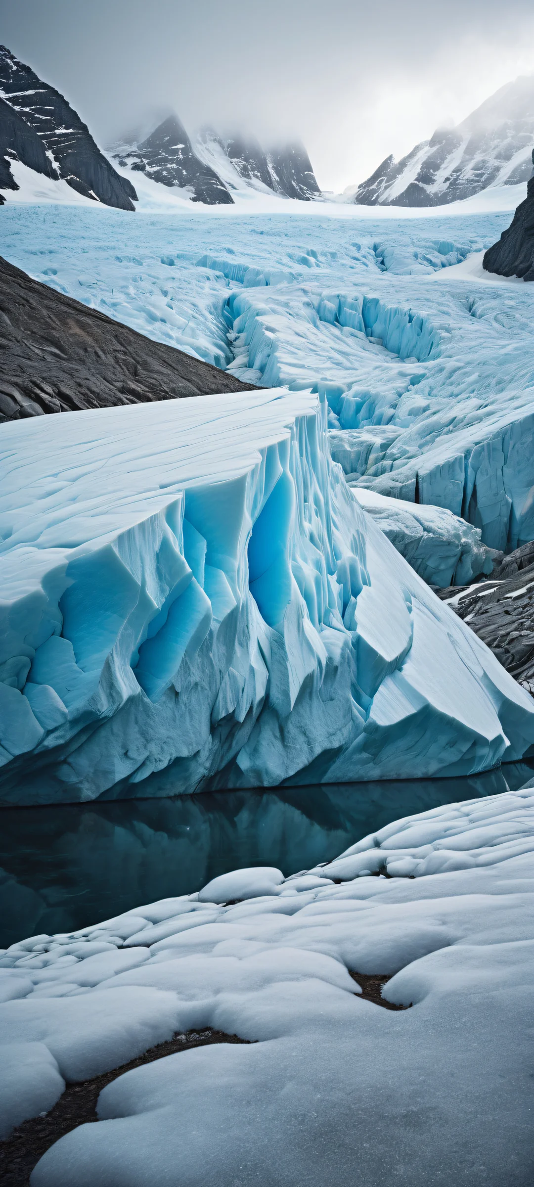 A majestic glacier landscape with a stone on iPhone or Android phone's home screen during a rainstorm.