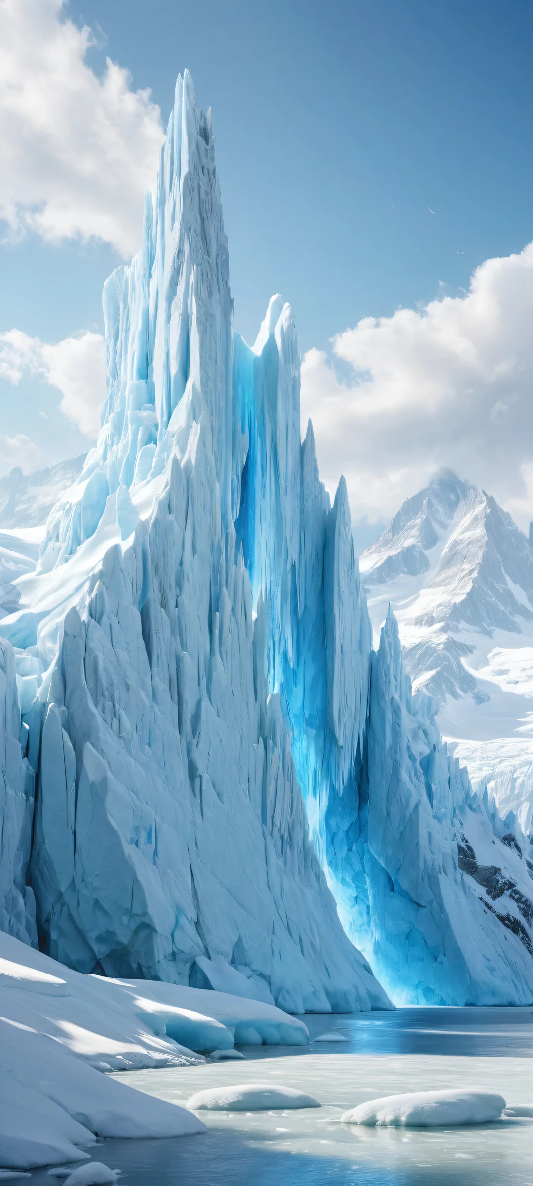 A serene glacier landscape with intricate ice formations and a stone resting in the foreground. Perfect for iPhone/Android home screens.