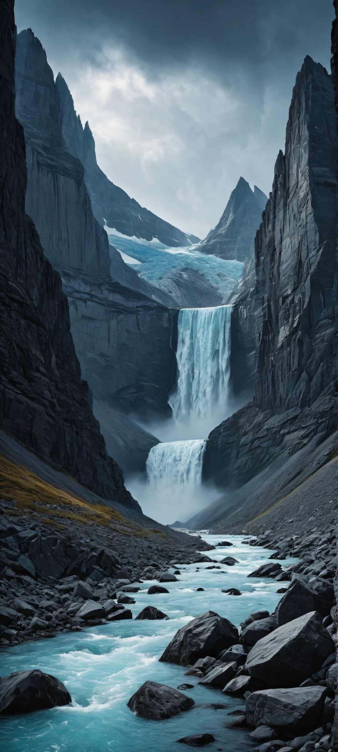 iPhone/Android wallpaper of glaciers with detailed stone textures and a serene rainstorm, perfect for dark mode and low-key lighting