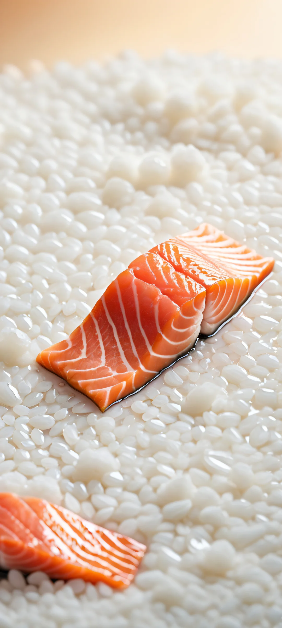 Beautifully rendered artwork of glistening salmon on a bed of delicate rice texture, perfect for iPhone/Android home screens.