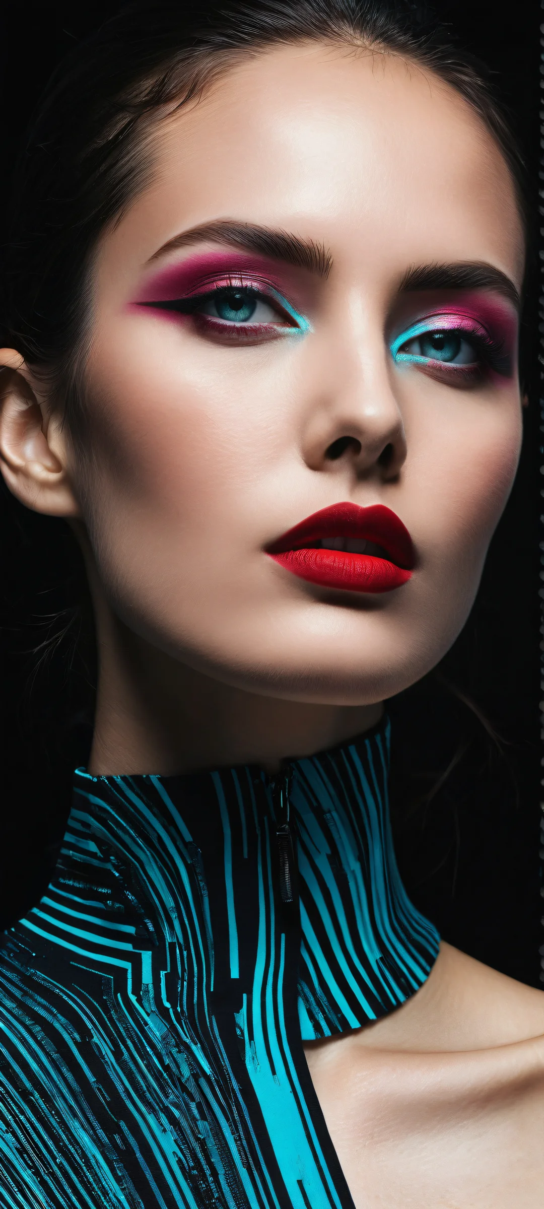 Breathtaking portrait of a woman with intricate micro-details hidden behind glitch bars and digital blocks, perfectly optimized for iPhone/Android home screens.