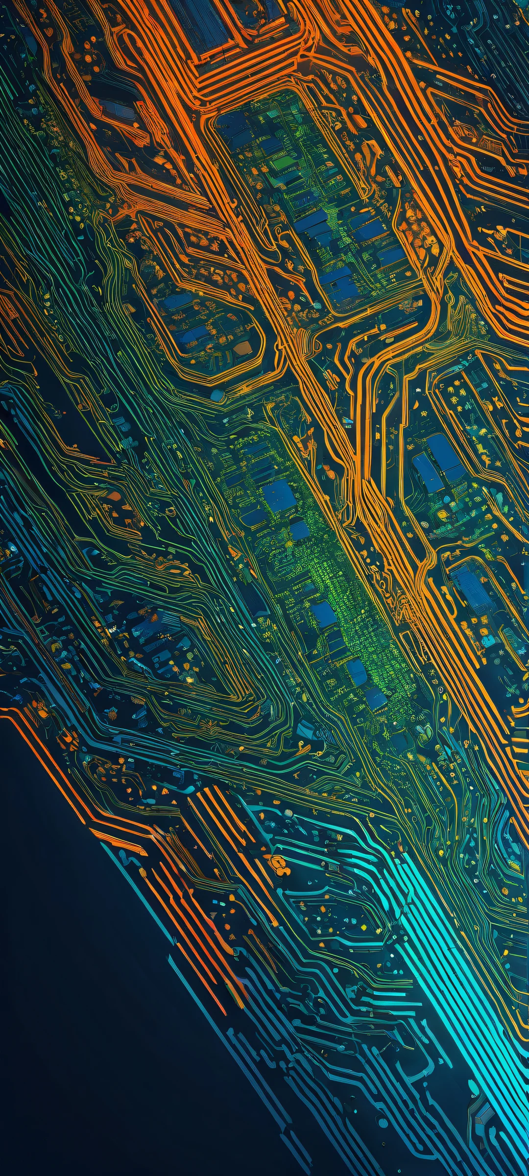 iPhone and Android users will be mesmerized by this breathtaking portrait of glowing circuit boards on a dark blue-gray background, perfectly optimized for home screens.