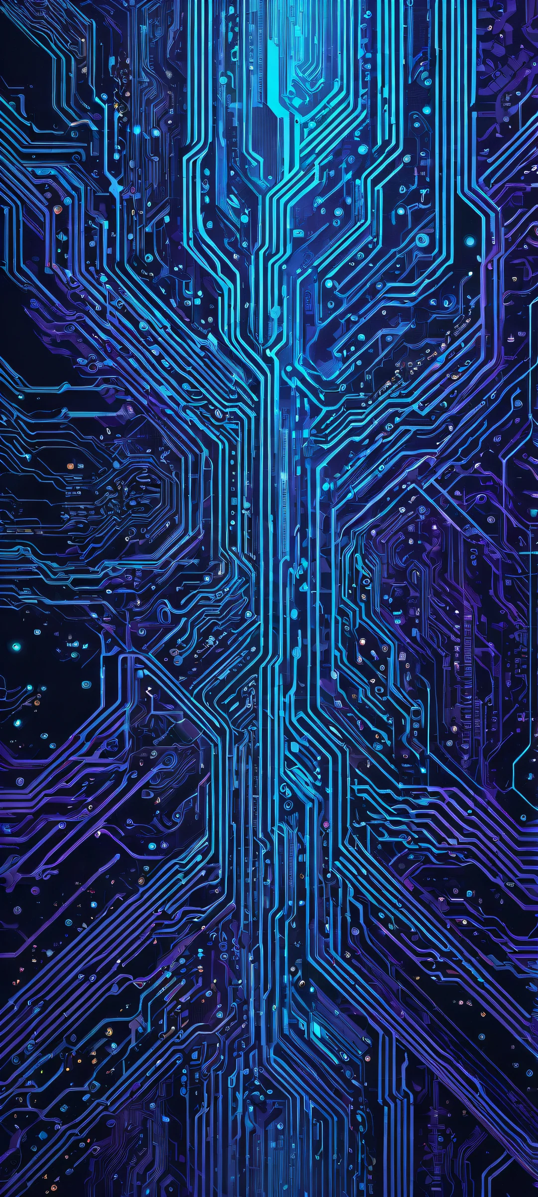 Beautiful glowing circuitry artwork on iPhone/Android with vast void background for UI widgets