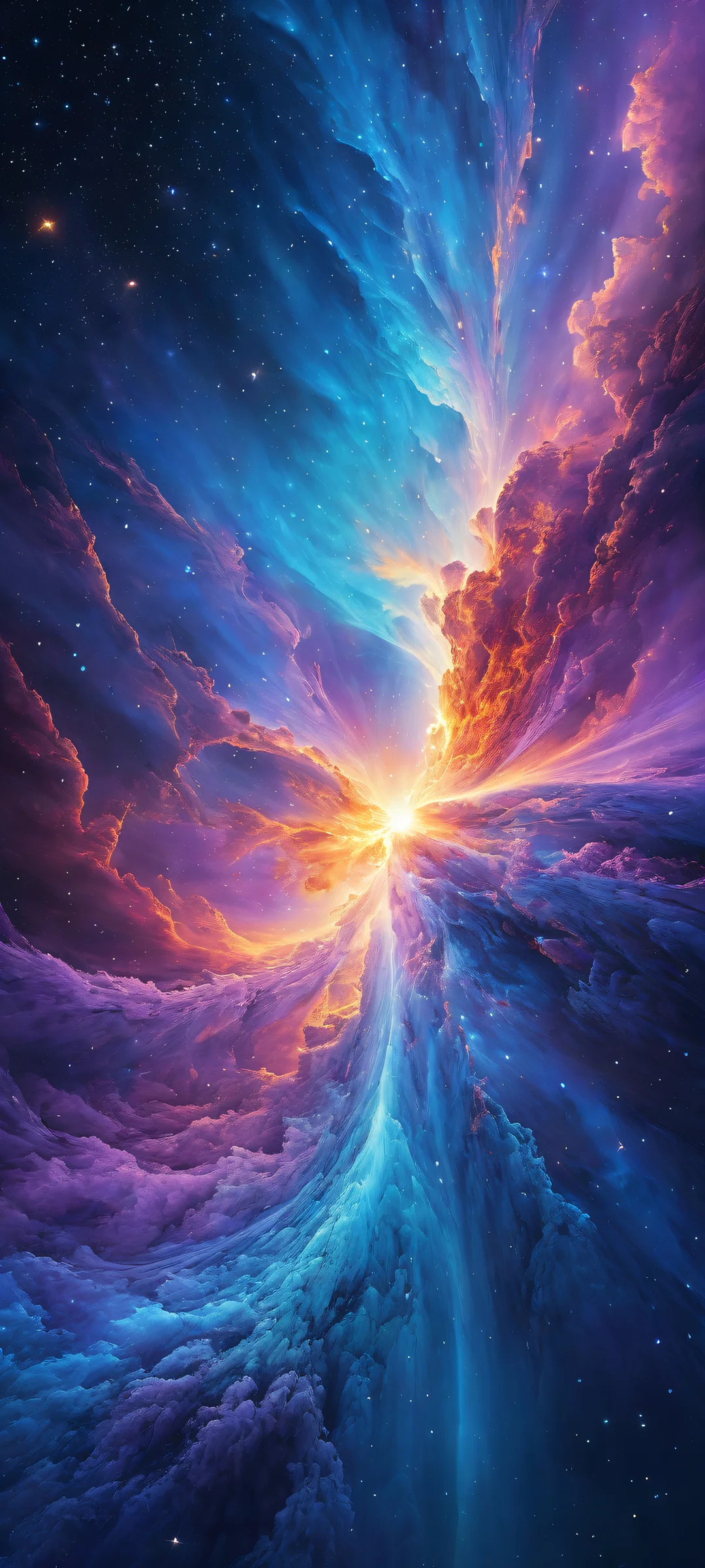 Glowing nebula artwork on a dark blue-purple background for iPhone/Android wallpapers.
