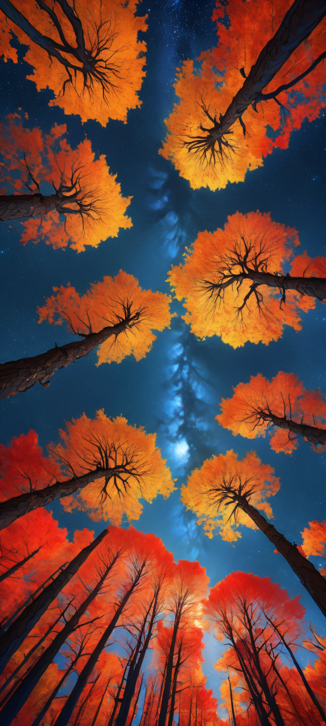 Glowing silver trees set against a starry night sky with vibrant red and orange hues, perfectly optimized for iPhone/Android home screens.