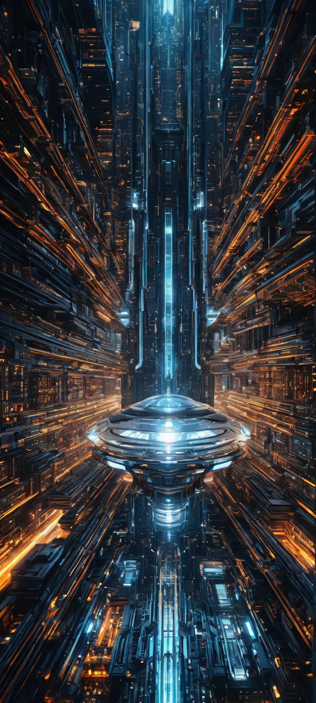 Glowing spacecraft amidst circuit boards and wires, perfect for iPhone/Android home screens.