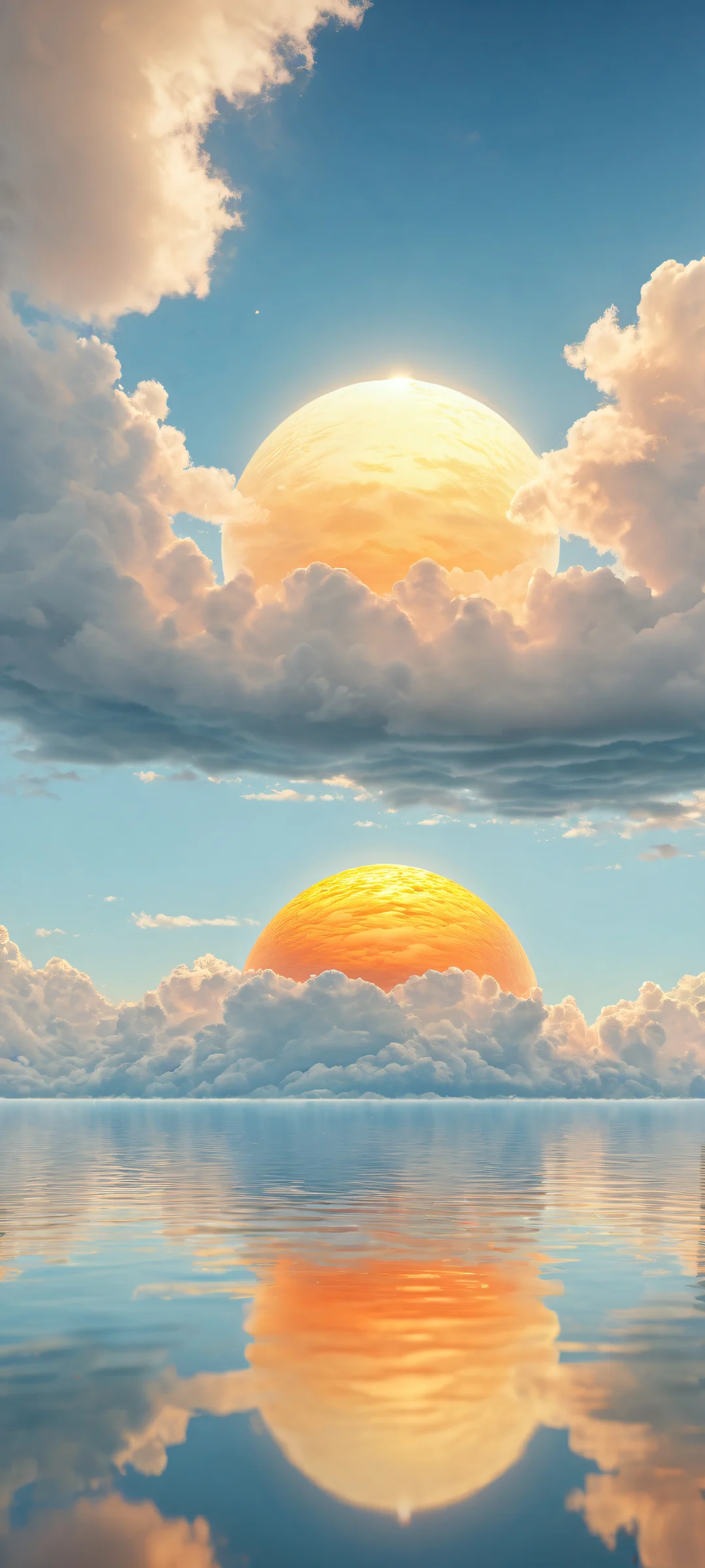 Glowing spinning electron artwork on iPhone/Android, perfect for home screens with serene cloudscape and pure void.