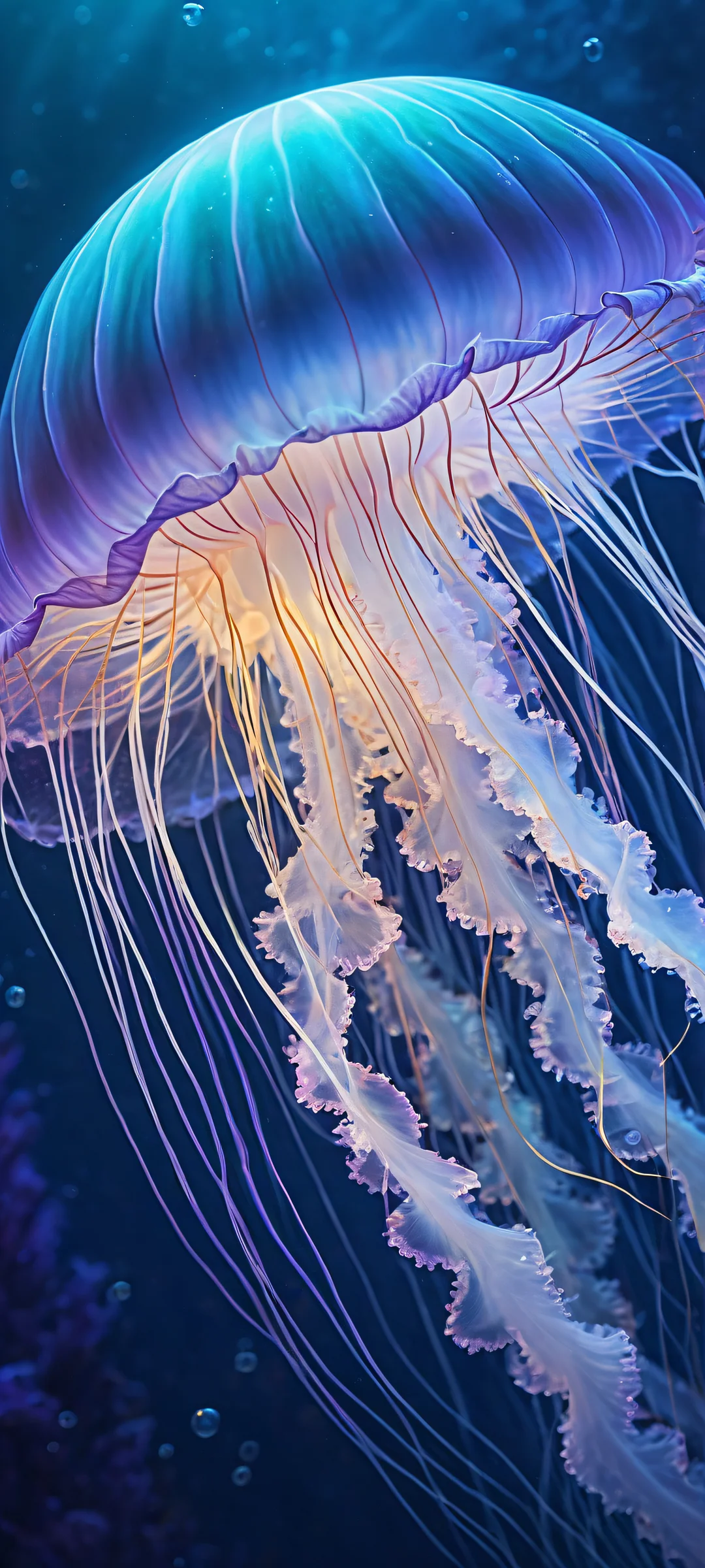 A stunning portrait of iridescent jellyfish on an iPhone or Android home screen, showcasing the majesty of bioluminescence and soft pastel hues.