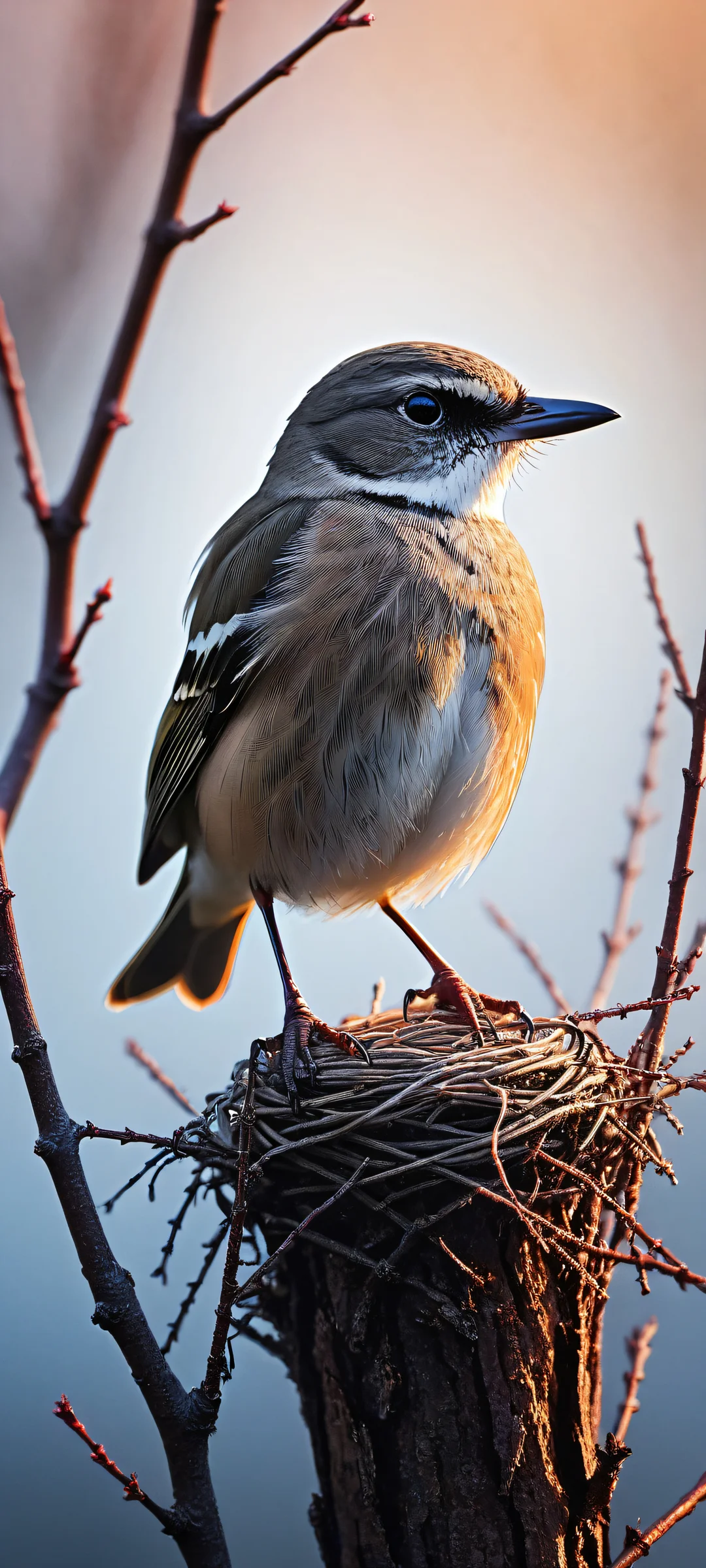 A beautiful bird surrounded by thick fog with a makeshift nest made from rusted barbed wire, perfekt optimiert für iPhone- und Android-Startbildschirme.