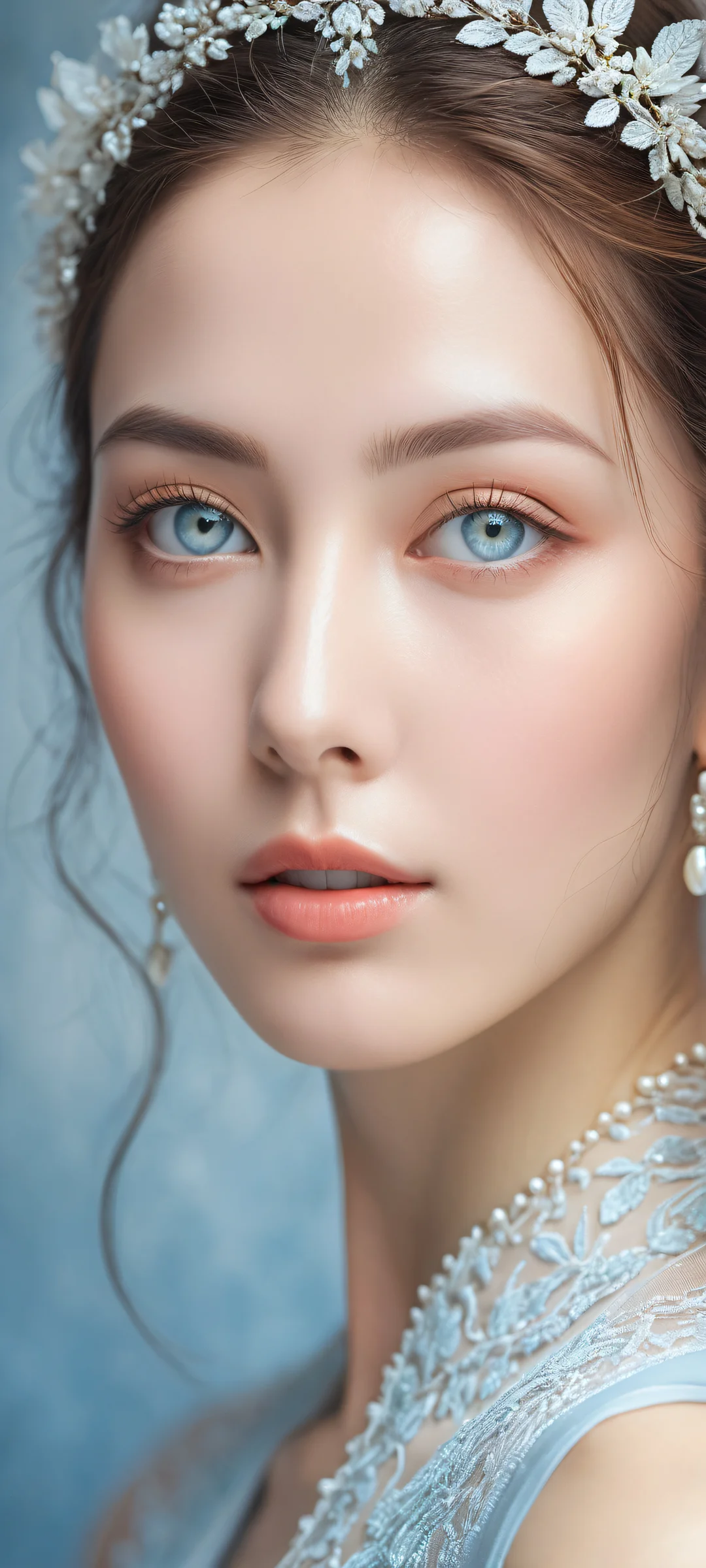 A serene goddess on a pure white background with intricate details and ethereal lighting, suitable for iPhone/Android wallpapers.