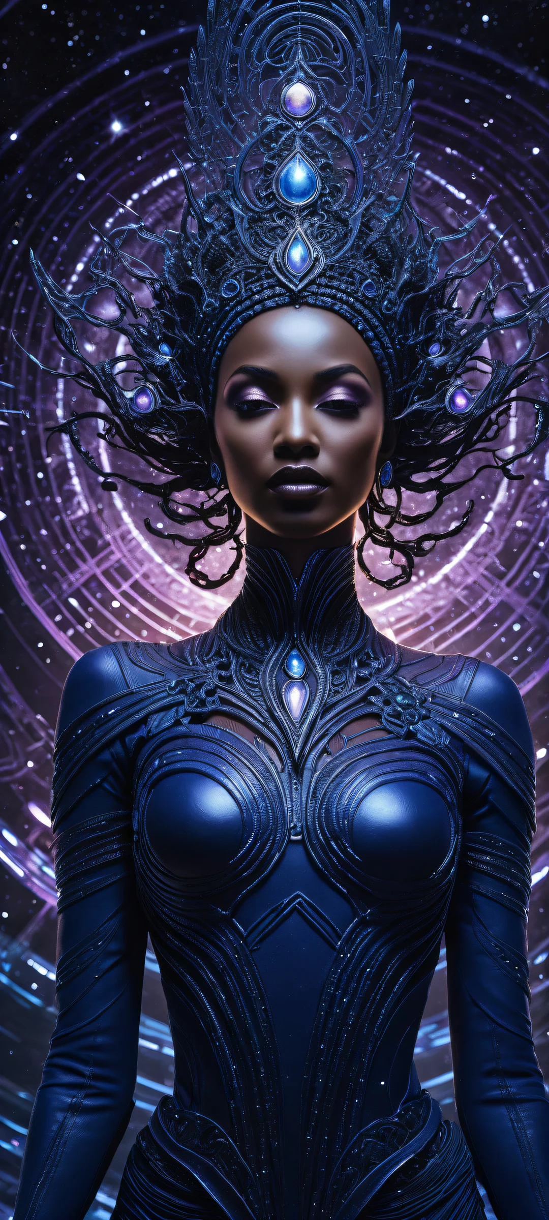 iPhone and Android mobile device wallpaper featuring Goddess surrounded by planetary systems and swirling galaxies. Perfect for home screens with unobstructed UI widget placement.