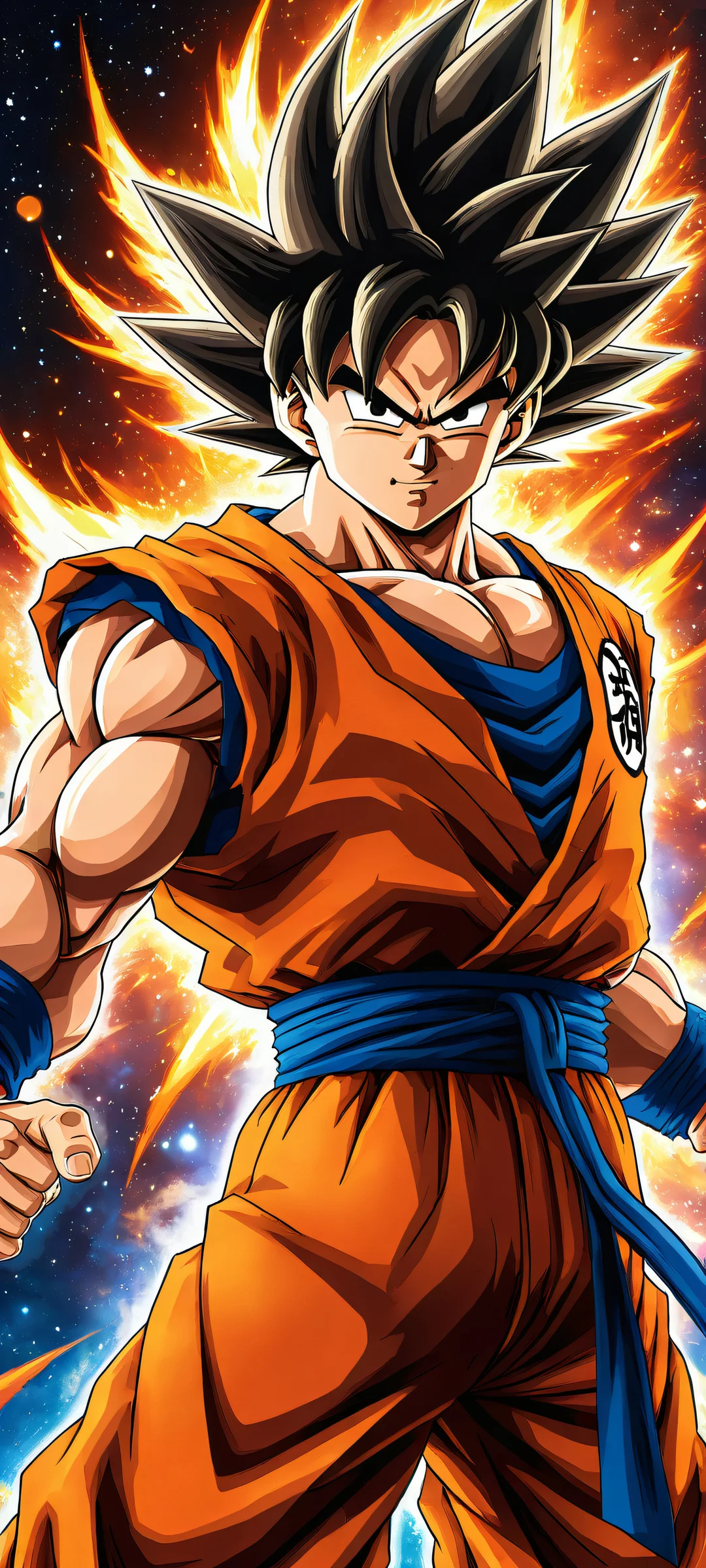Ethereal portrait of Son Goku as Super Saiyan God on iPhone/Android, with intricate details and a vast void backdrop.