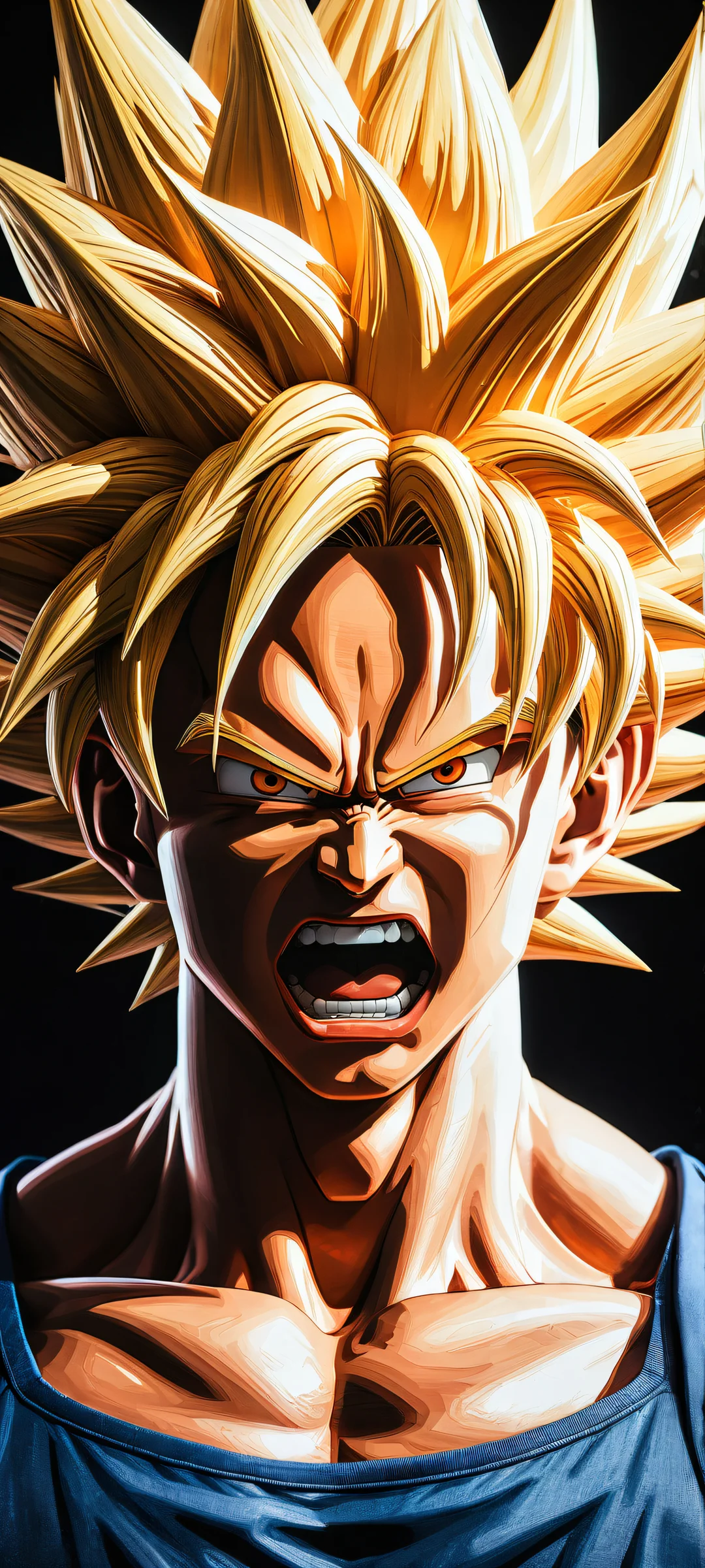 Son Goku transforms into Super Saiyan God with intricate micro-details and ethereal lighting, perfeitamente otimizado para telas iniciais de iPhone/Android.