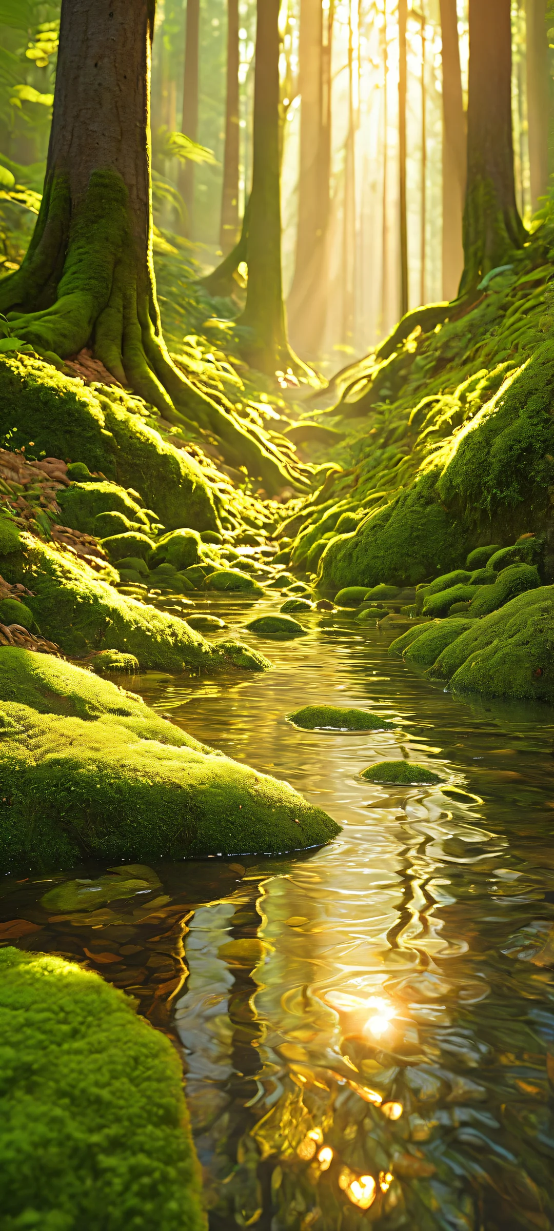 iPhone/Android wallpaper with golden shafts and mossy green foliage. Perfect for home screens.