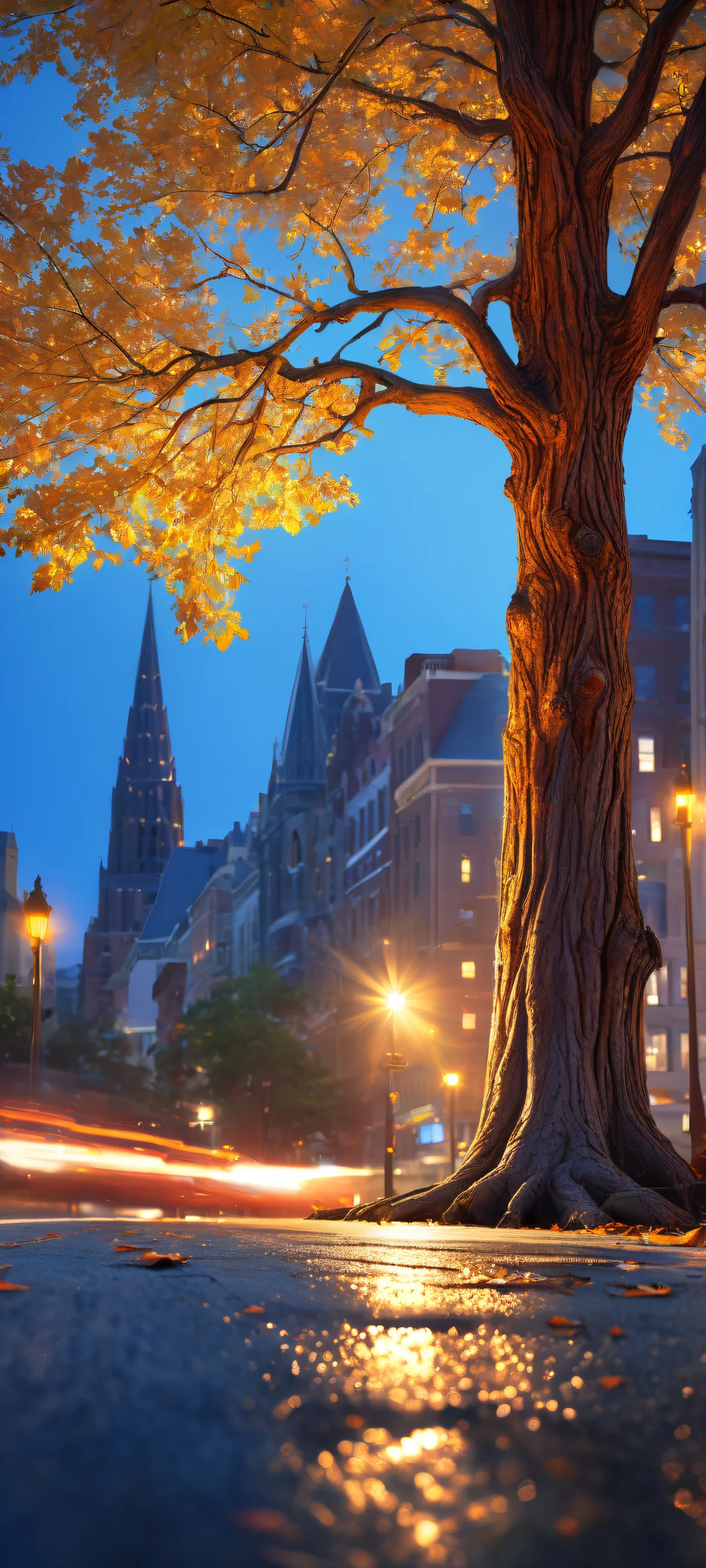 iPhone/Android compatible majestic tree with cityscape at night, illuminated by radiant spotlight