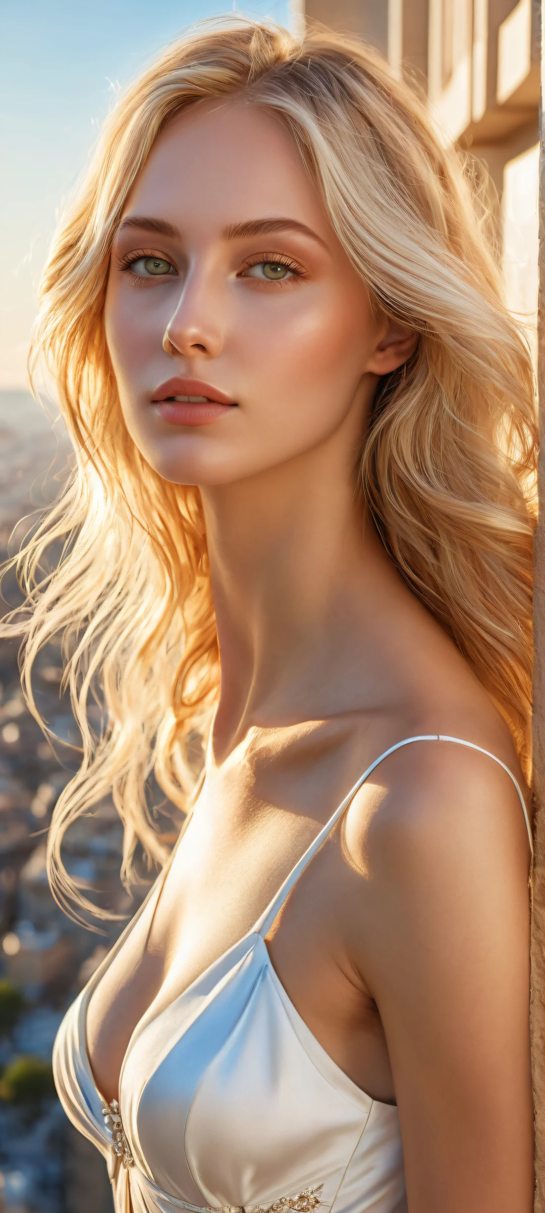 iPhone and Android users will love this stunning vertical portrait of a blonde beauty surrounded by breathtaking ethereal landscapes. Her golden locks shine with intricate details, set against a pristine clean top half.