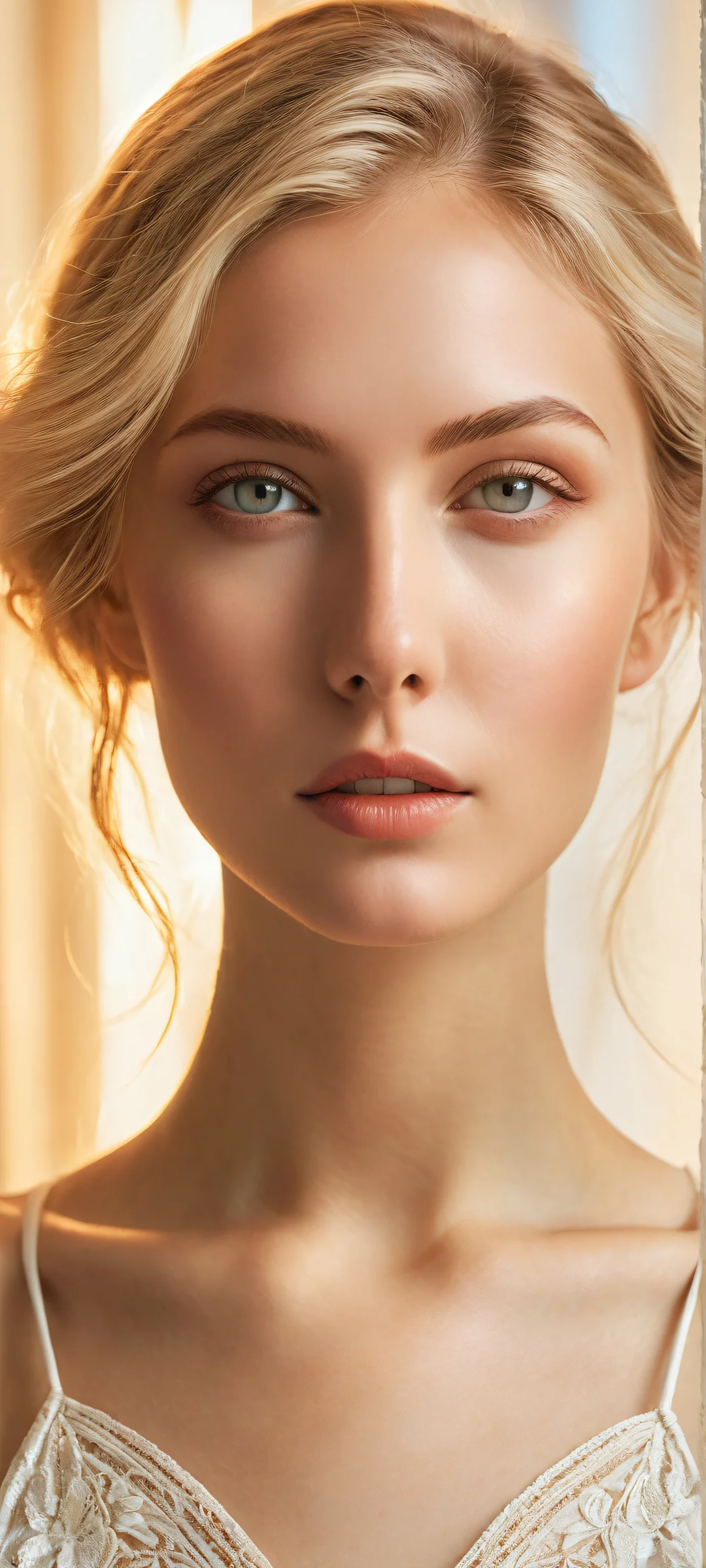 A stunning blonde woman gazing directly at the viewer on a pure void background. Perfectly optimized for iPhone and Android home screens.