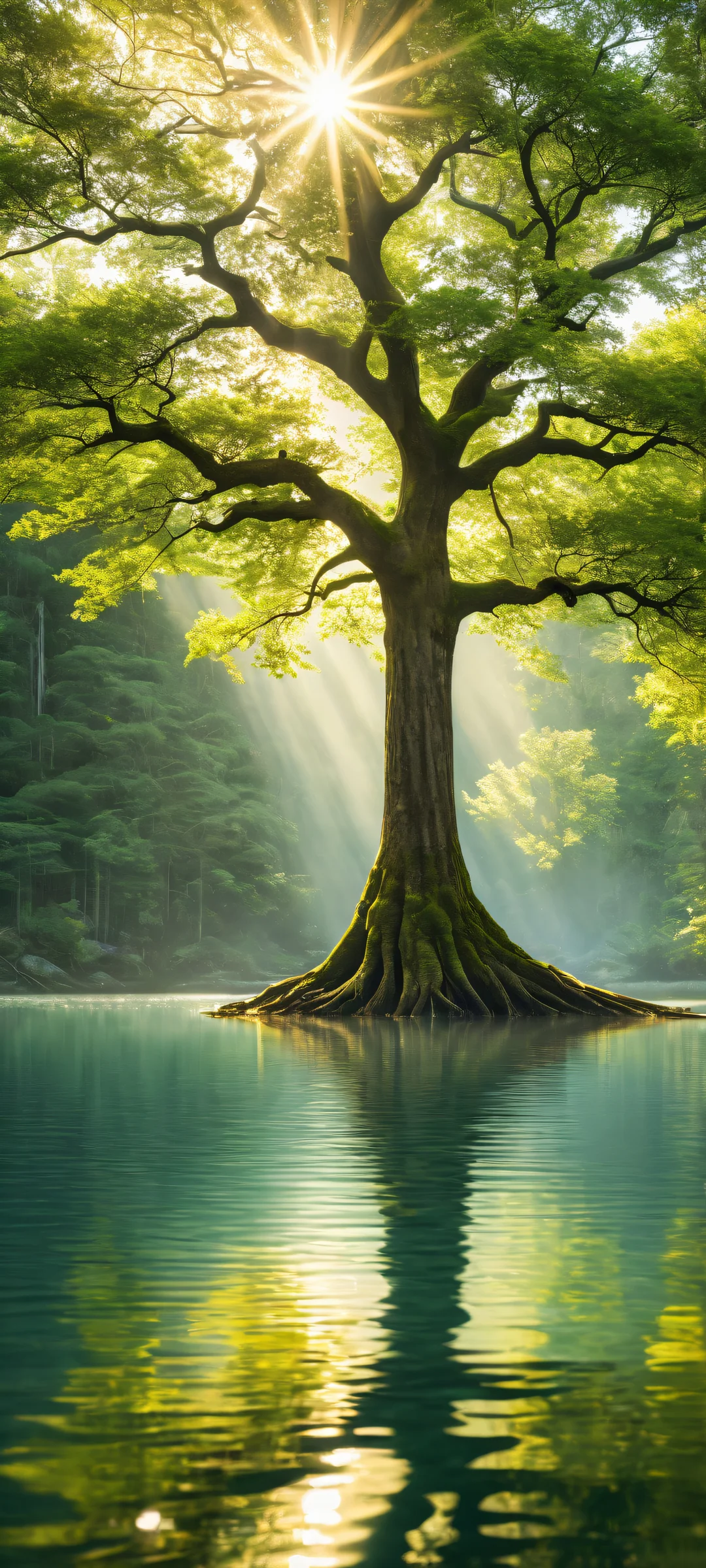 A majestic tree stands tall amidst a serene pond and forest reflections on iPhone/Android devices.
