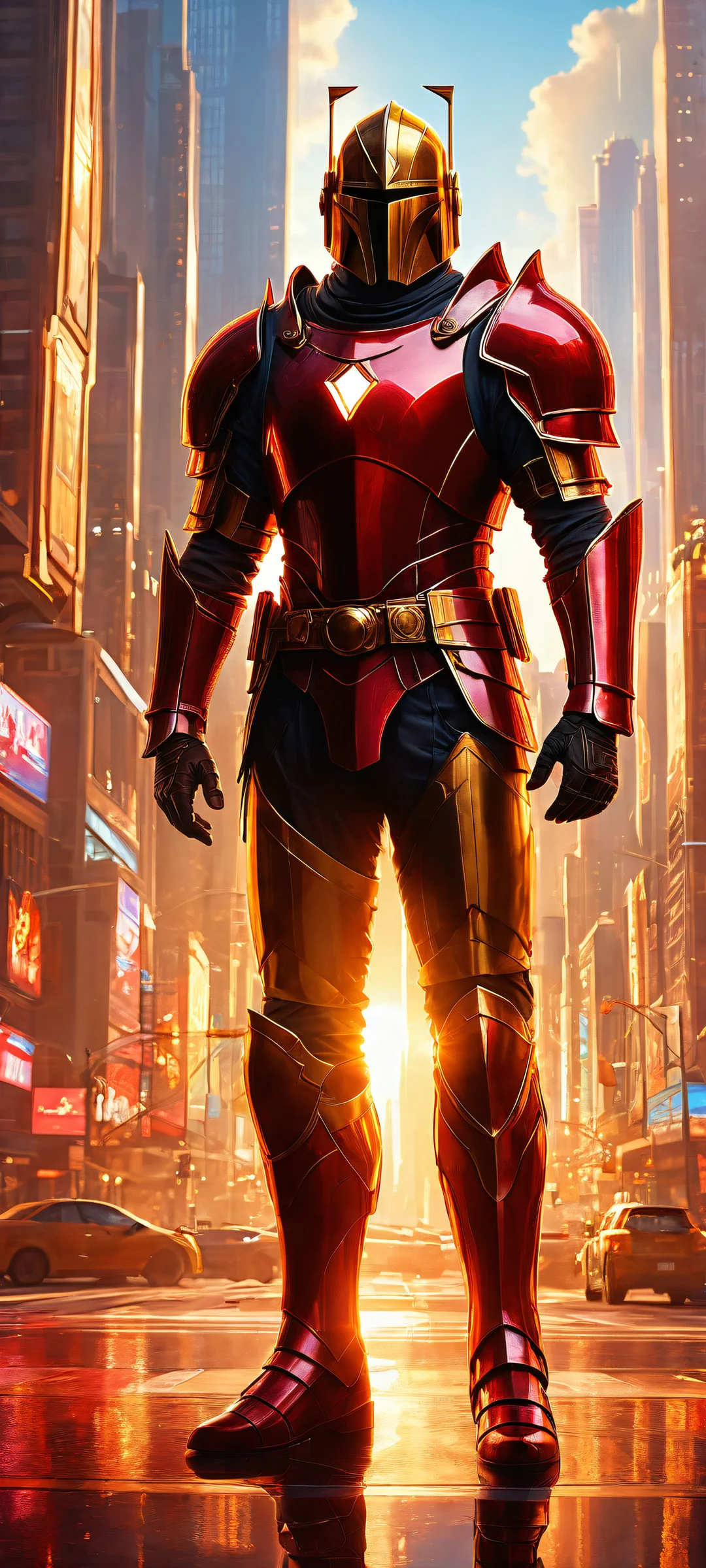 A stunning portrait of a knight standing amidst digital art from Pearl Abyss' games, with vibrant cityscape in the background. Perfekt für iPhone-/Android-Startbildschirme.