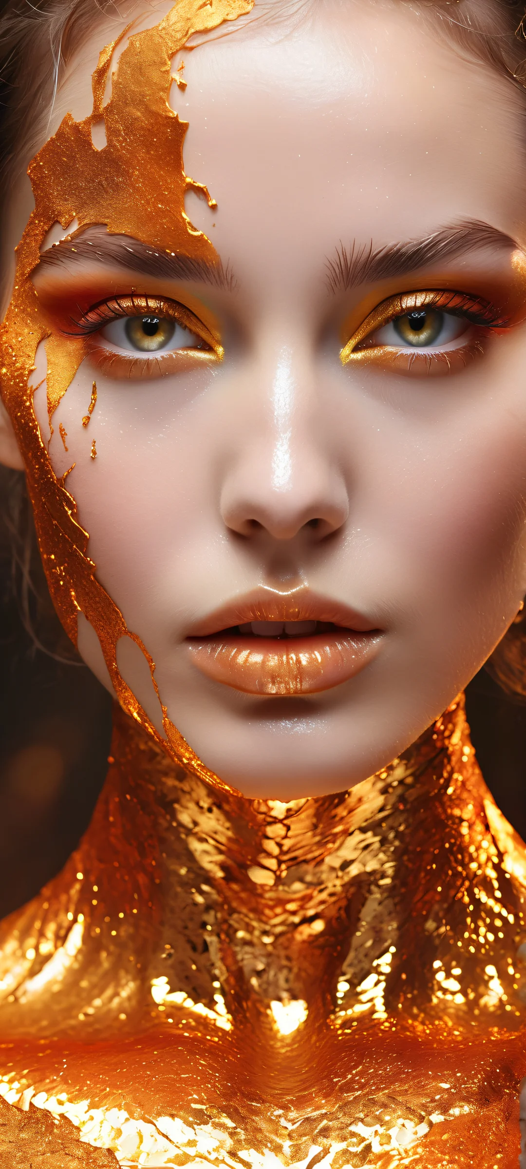 iPhone/Android stunning portrait of a model's face with molten gold fracturing her skin, one eye sharp and the other engulfed in abstract textures.