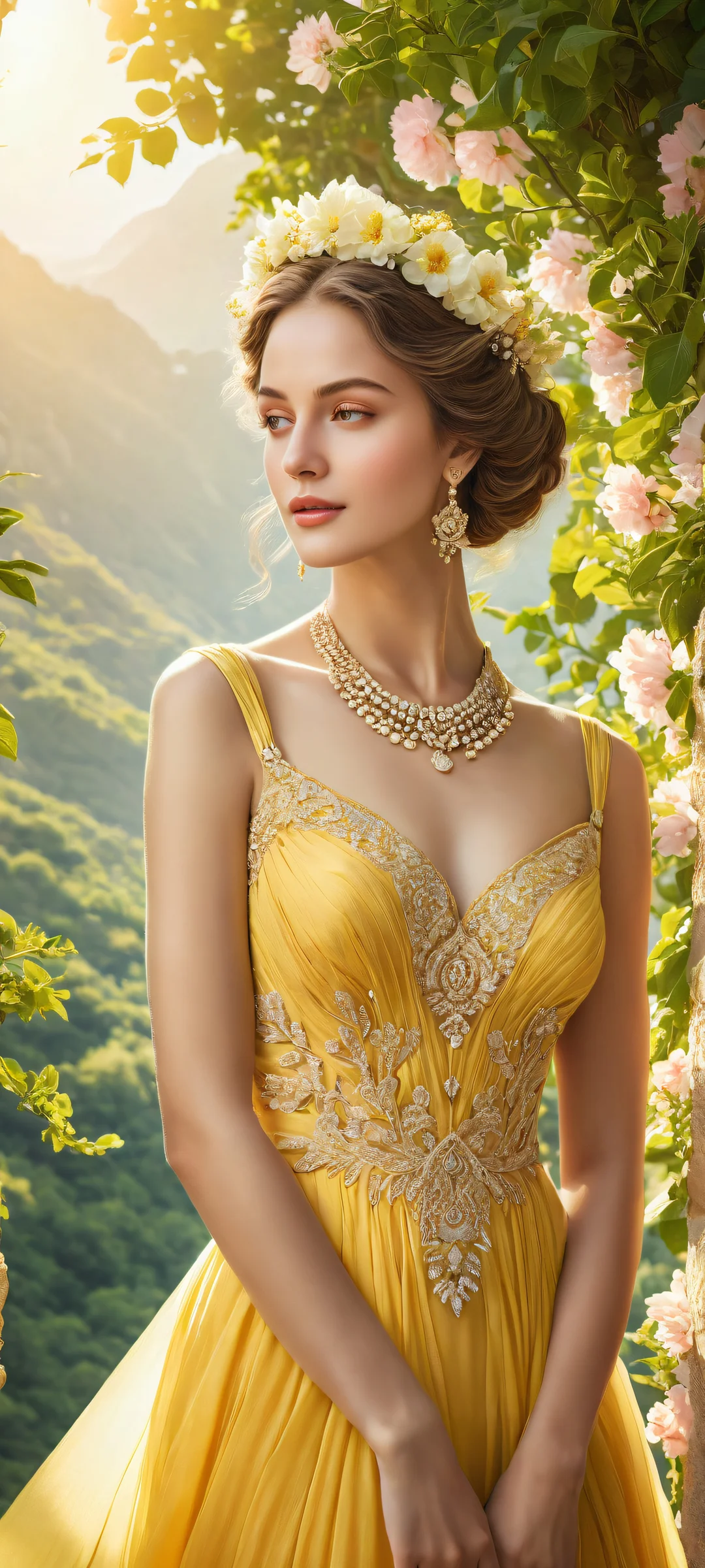 A beautiful portrait of a regal woman wearing a stunning yellow dress, surrounded by lush greenery and vibrant flowers. iPhone用に完全に最適化, サムスンギャラクシー, と Android のホーム画面.