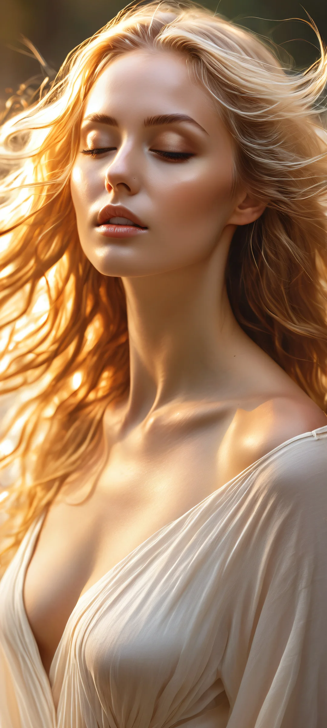 A stunning female figure with flowing golden locks and dynamic motion, perfekt optimiert für iPhone/Android-Startbildschirme.