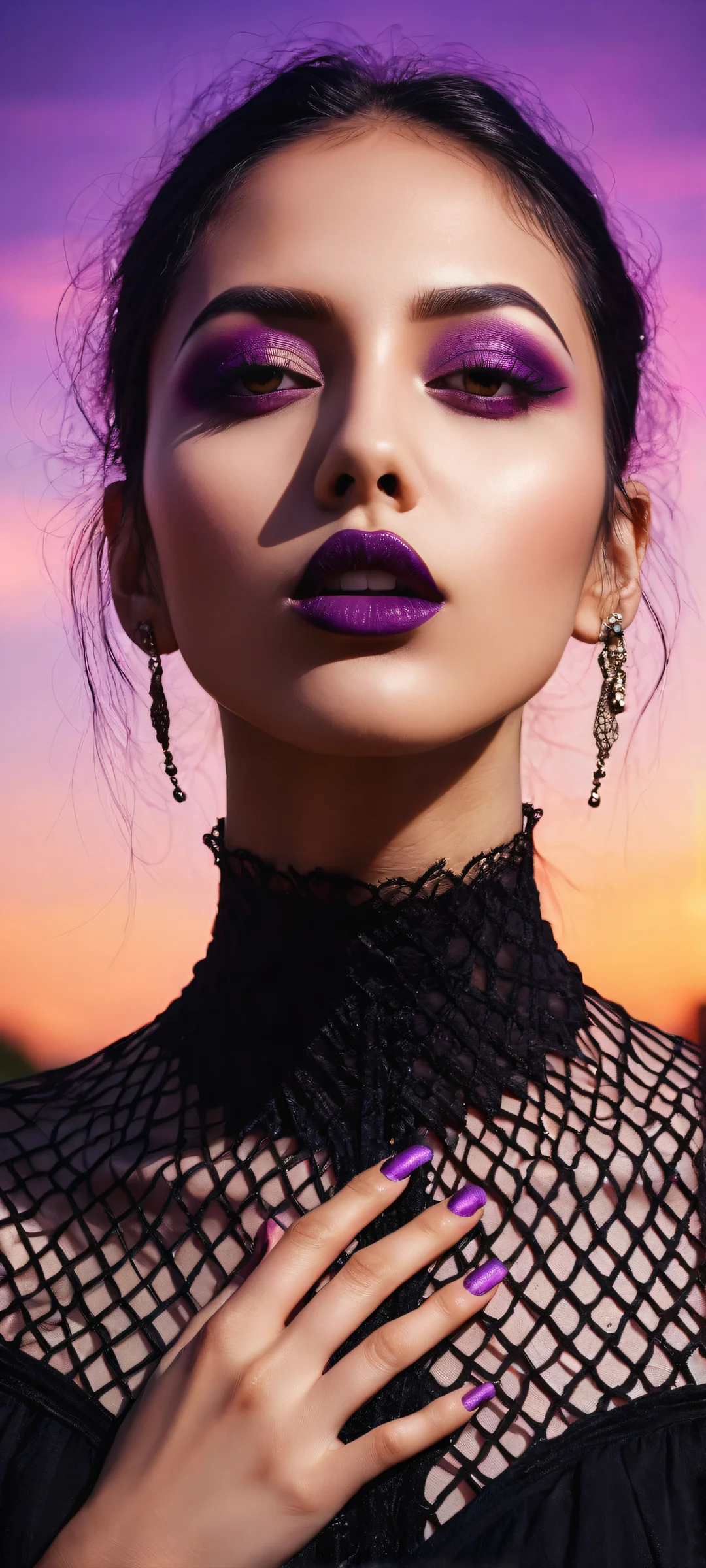 A young goth woman poses against an old black church in a field of purple haze on a Los Angeles backdrop, perfectly optimized for iPhone/Android home screens.
