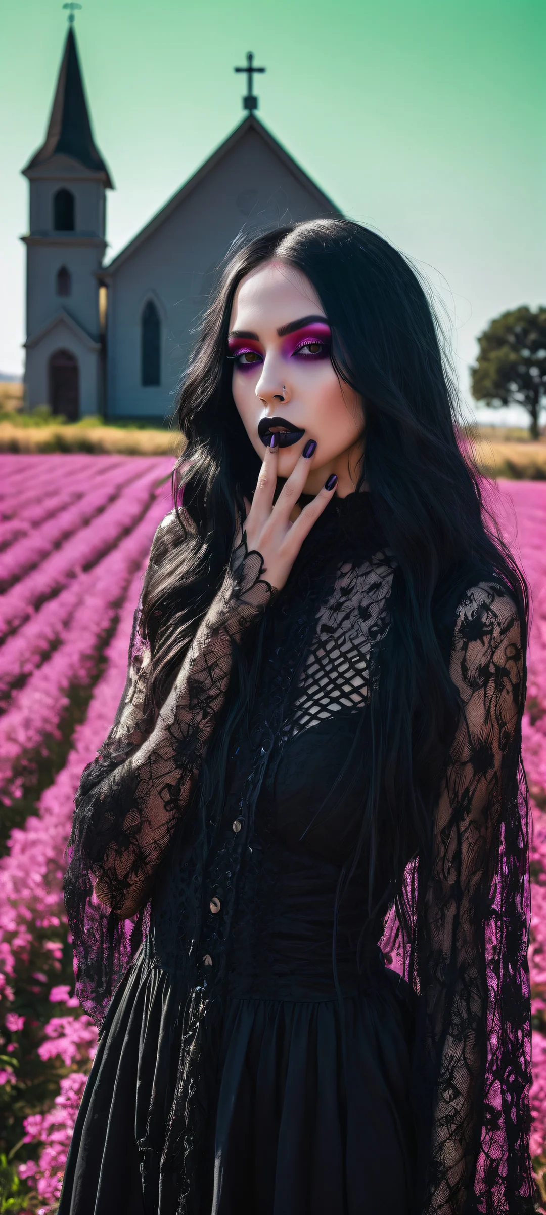 Gothic Eclipse iPhone & Papel de parede Samsung QHDperfeitamente otimizado para telas iniciais de iPhone/Android A young goth woman posing with finger at mouth against a backdrop of glitched scarecrow, LA church, and purple haze, perfectly optimized for iPhone/Android home screens.