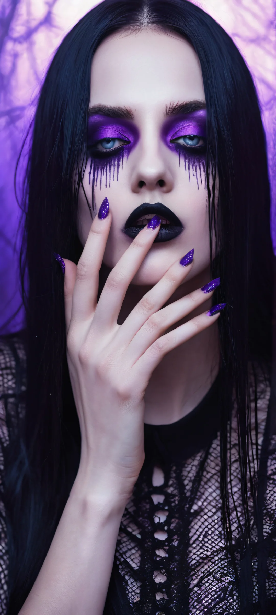 A goth woman with black hair and blurred eyes poses amidst a purple haze, surrounded by a terrifying glitched scarecrow in LA's old black church backdrop. Perfect for iPhone/Android home screens.