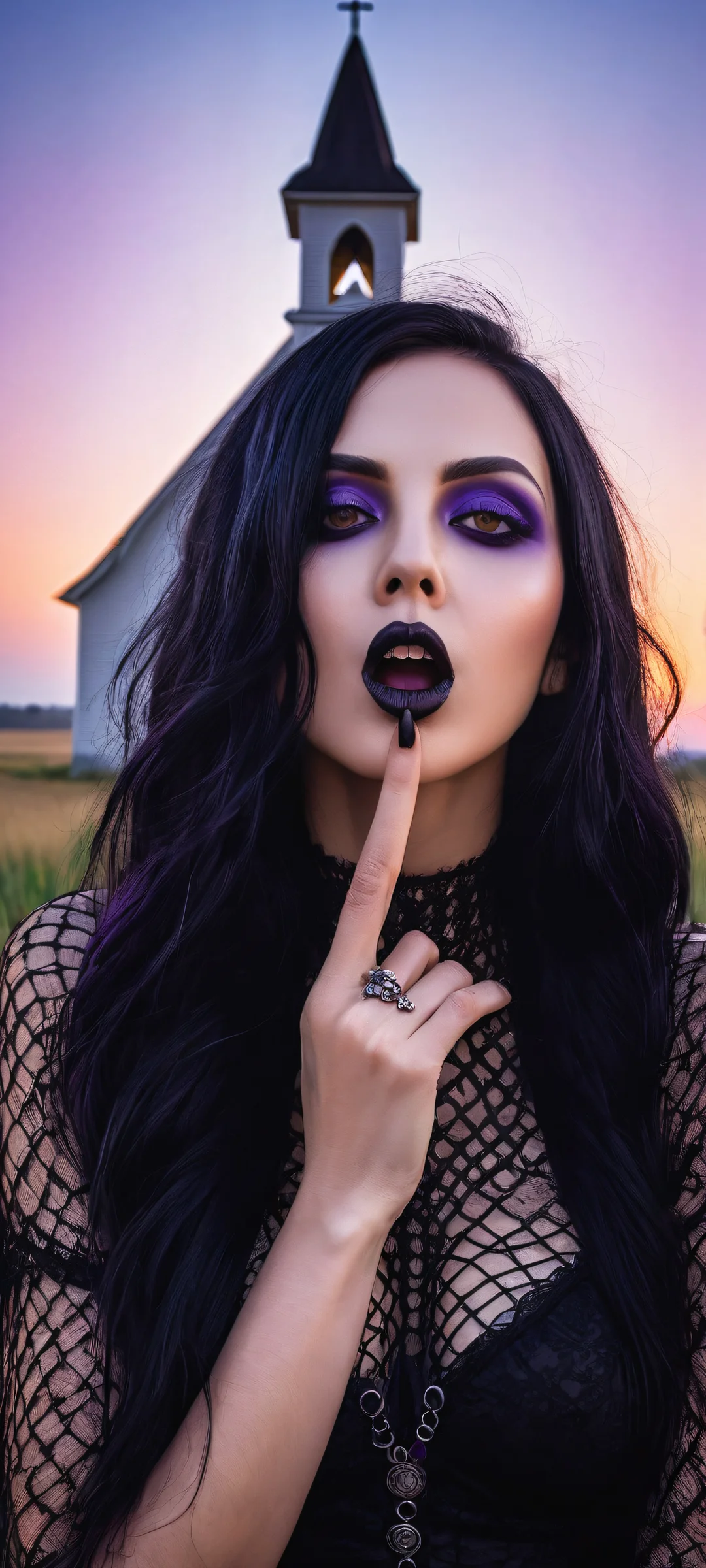 A young goth woman posing with finger at mouth on a dark LA backdrop featuring an old church and scarecrow, iPhone と Android のホーム画面に完全に最適化.