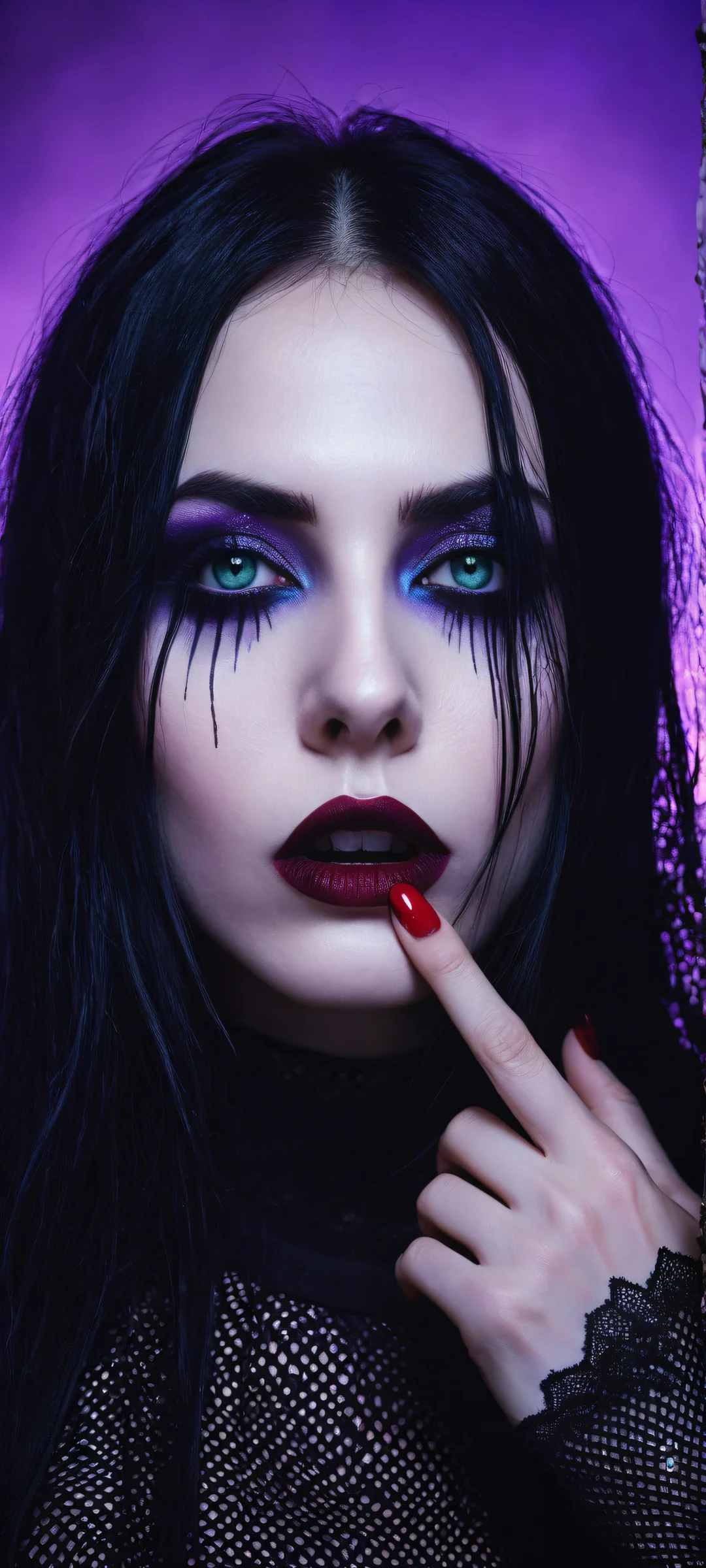 A goth woman with blurred eyes and a glitched censor bar, surrounded by a void and a floating scarecrow amidst purple haze. Optimized for iPhone/Android home screens.