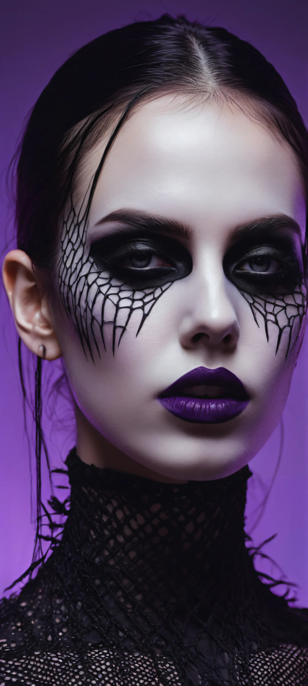 A young goth woman posing with finger at mouth, iPhone/Android wallpaper featuring a terrifying glitched scarecrow amidst purple haze and an old black church in LA backdrop.