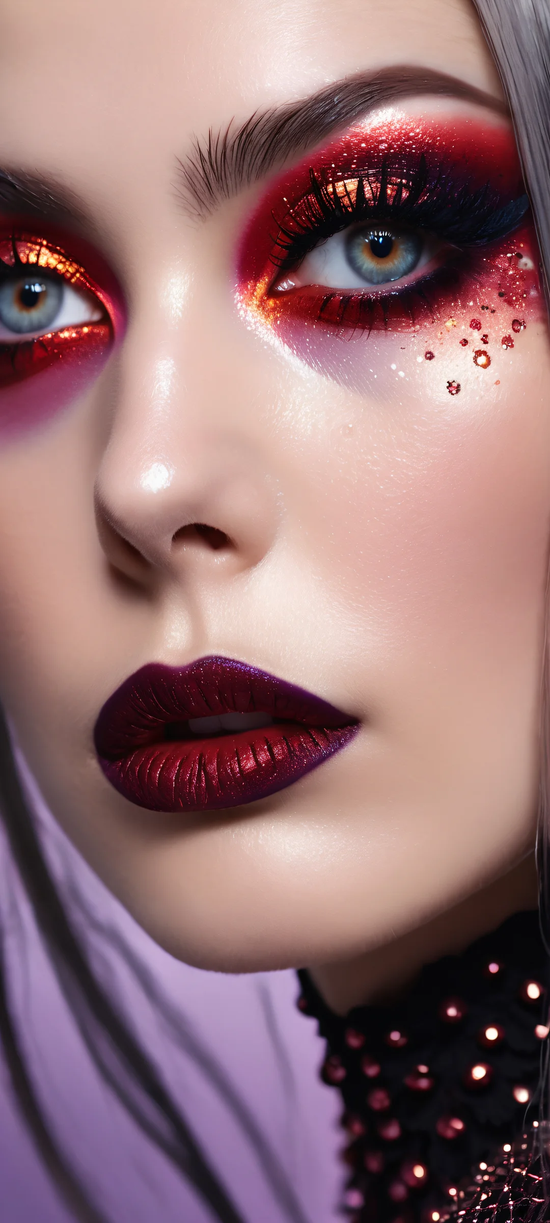 Ethereal gothic beauty with intricate eye makeup on a dark berry background - perfectly optimized for iPhone and Android home screens.