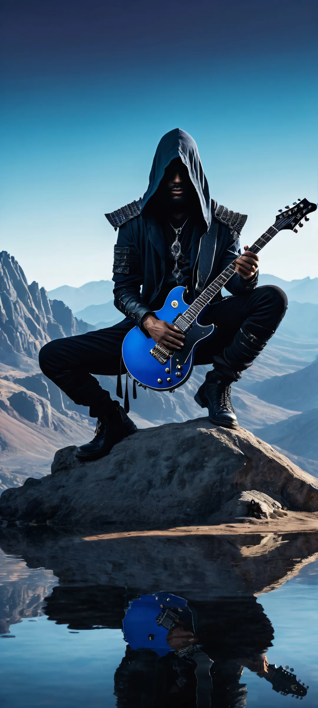 A gothic warrior kneels holding an electric guitar as a weapon, surrounded by mystery and foreboding. Parfait pour les écrans d'accueil iPhone/Android.