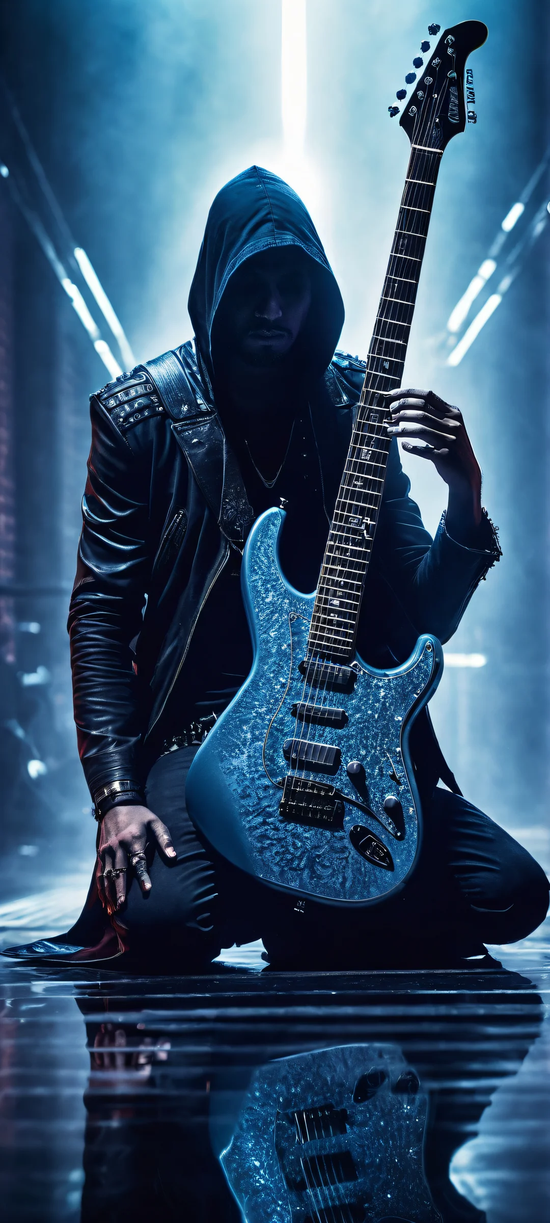 A mysterious figure with an electric guitar as a weapon against a vast pure void. Parfaitement optimisé pour iPhone, SamsungGalaxy, et écrans d'accueil Android.