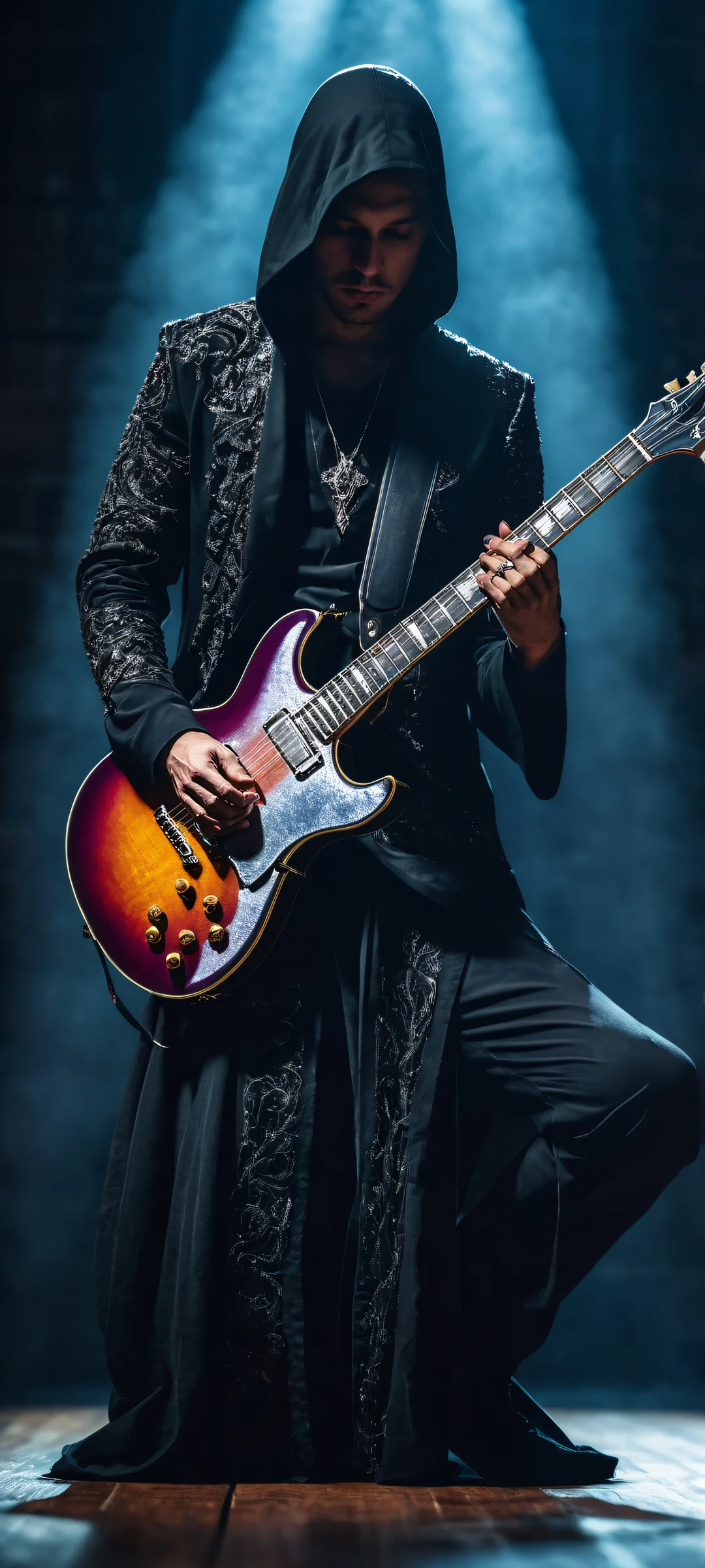 iPhone/Android wallpaper of a dramatic gothic-inspired guitarist in a mystical atmosphere, with intricate micro-details and extreme depth of field.