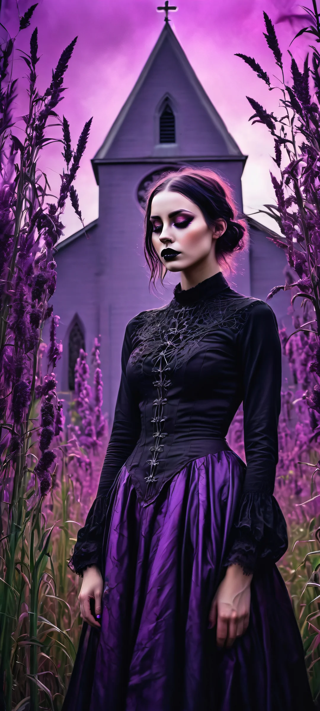 Gothic Horror Dreamscape 2K QHD Home Screen iPhone and Android users, immerse yourself in this surreal masterpiece featuring an abstract goth woman amidst a terrifying glitched scarecrow in a purple haze field with an old black church backdrop.