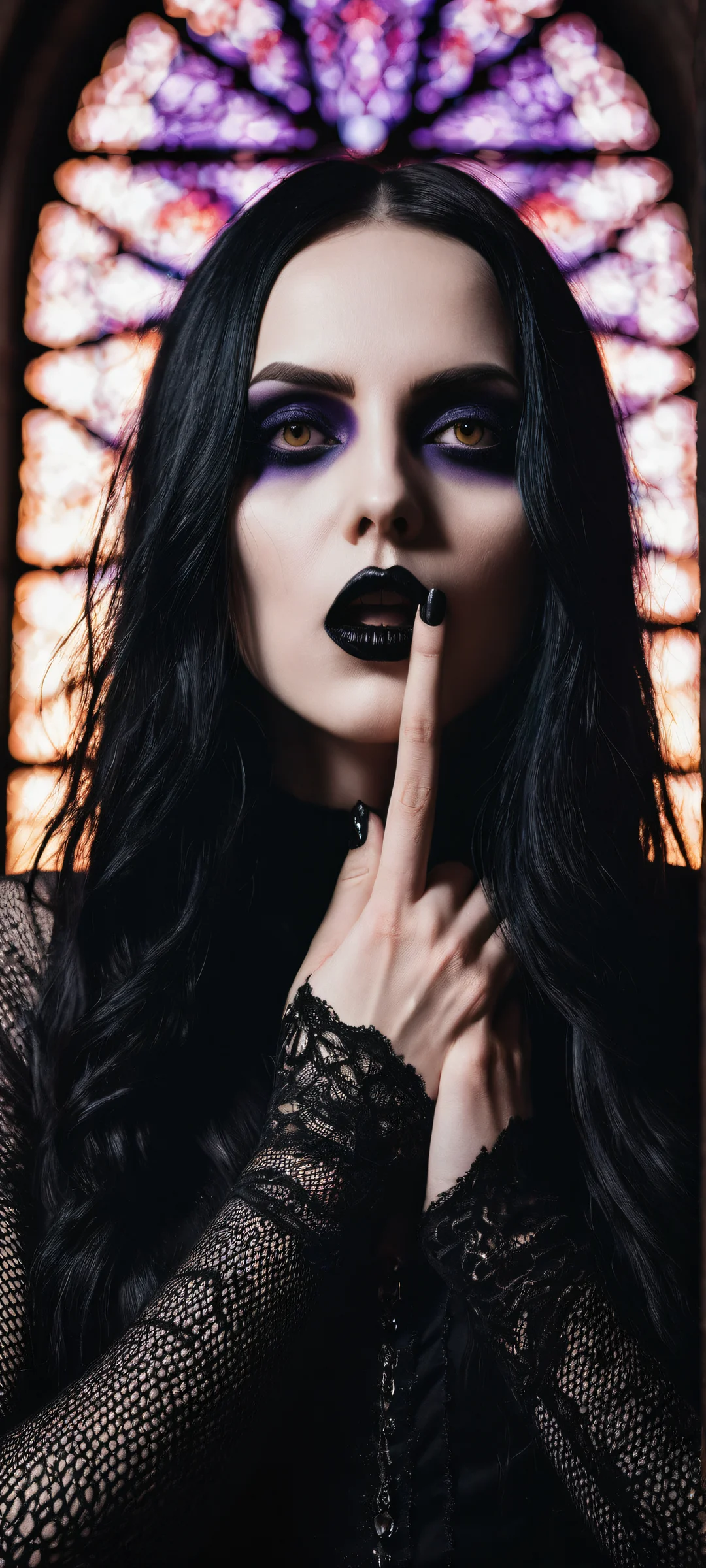 A young goth woman with long black hair and eyes covered by a glitched censor bar poses dramatically, set against an old black church backdrop in LA fields with floating purple haze. iPhone/Android.