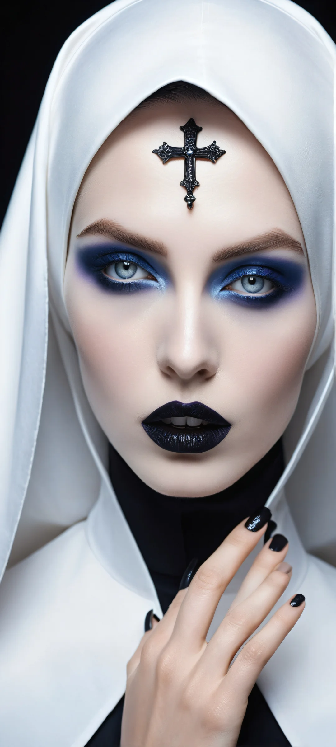 A gothic nun woman gives a sassy pose with a kiss on the middle finger, against a dark indigo background. Perfectly optimized for iPhone and Android home screens.