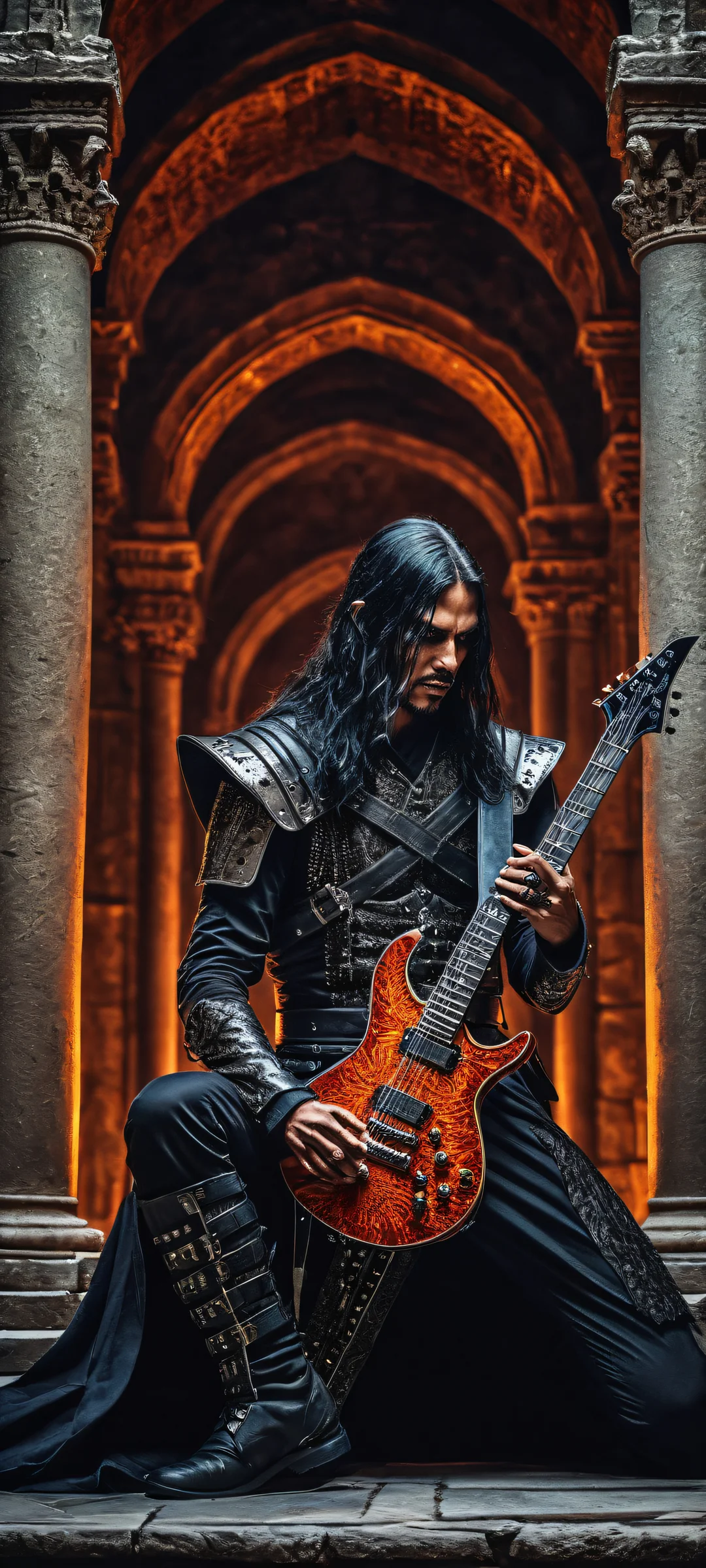 A gothic warrior kneels with an electric guitar, set against a mystical background of ancient ruins. Perfeitamente otimizado para telas iniciais de iPhone e Android.